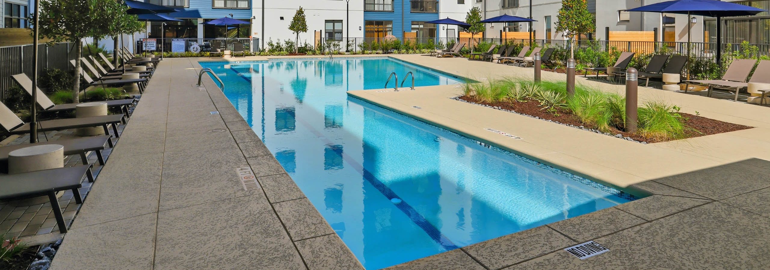 AMLI Old 4th Ward lap swimming pool with lounge chairs and umbrellas