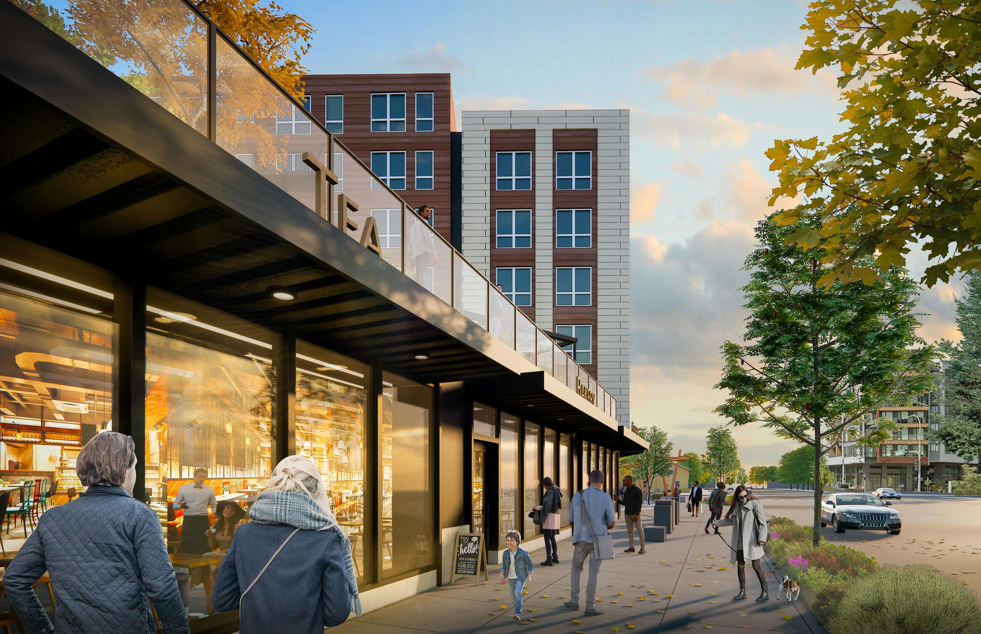 AMLI Redmond Way street view of retail shops during the day with people walking on tree lined sidewalks