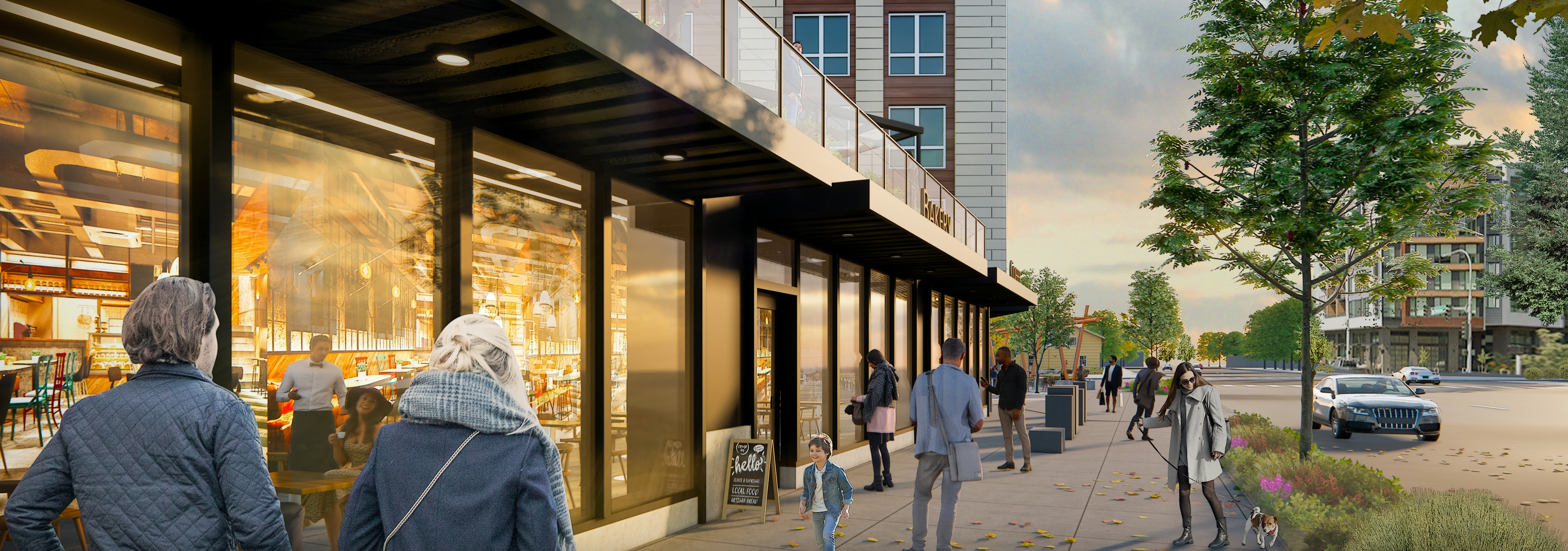 AMLI Redmond Way street view of retail shops during the day with people walking on tree lined sidewalks