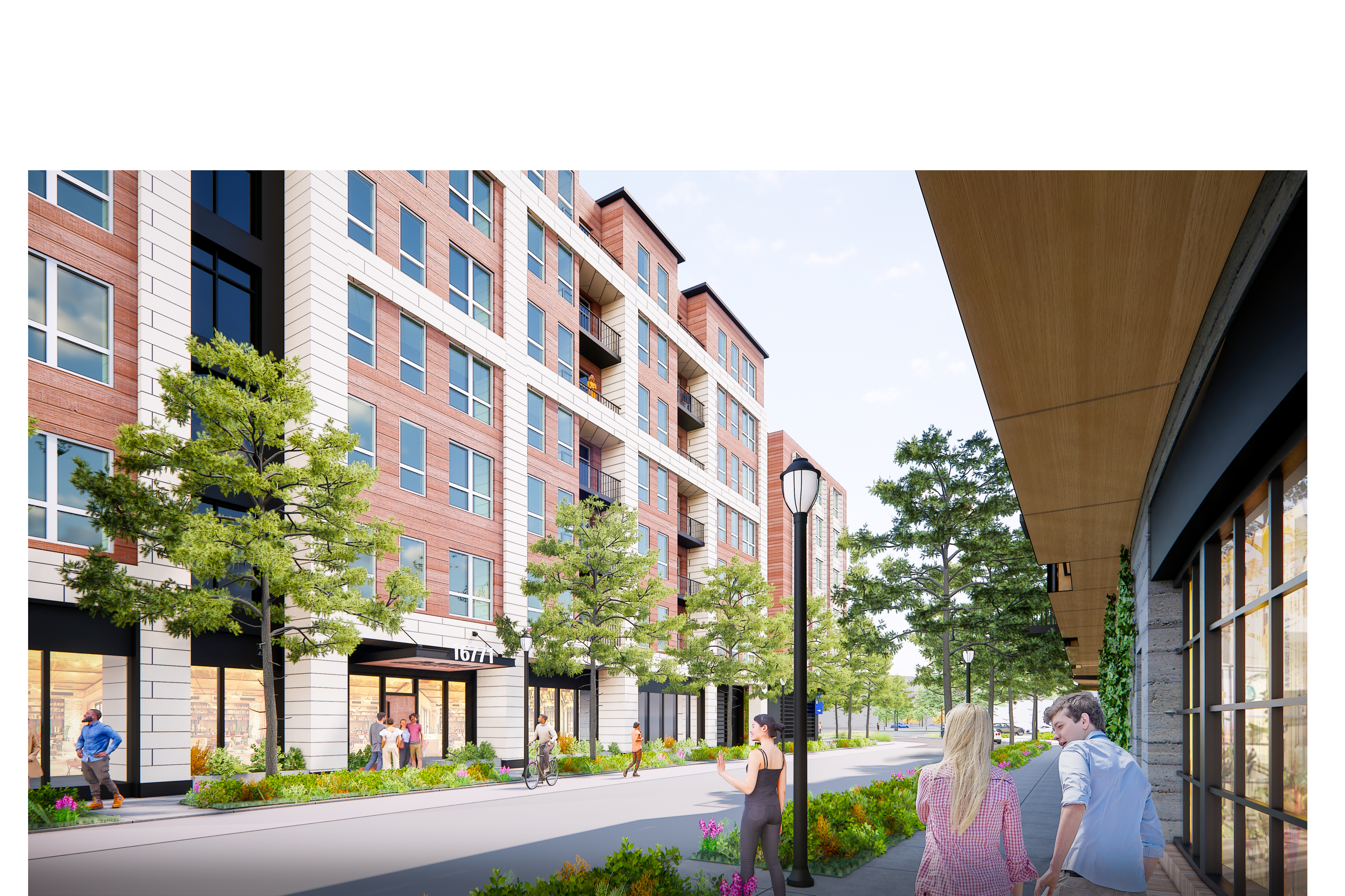 Brick-accented AMLI Redmond Way apartments line a tree-filled street with balconies, pedestrians, and shops featuring glass storefronts