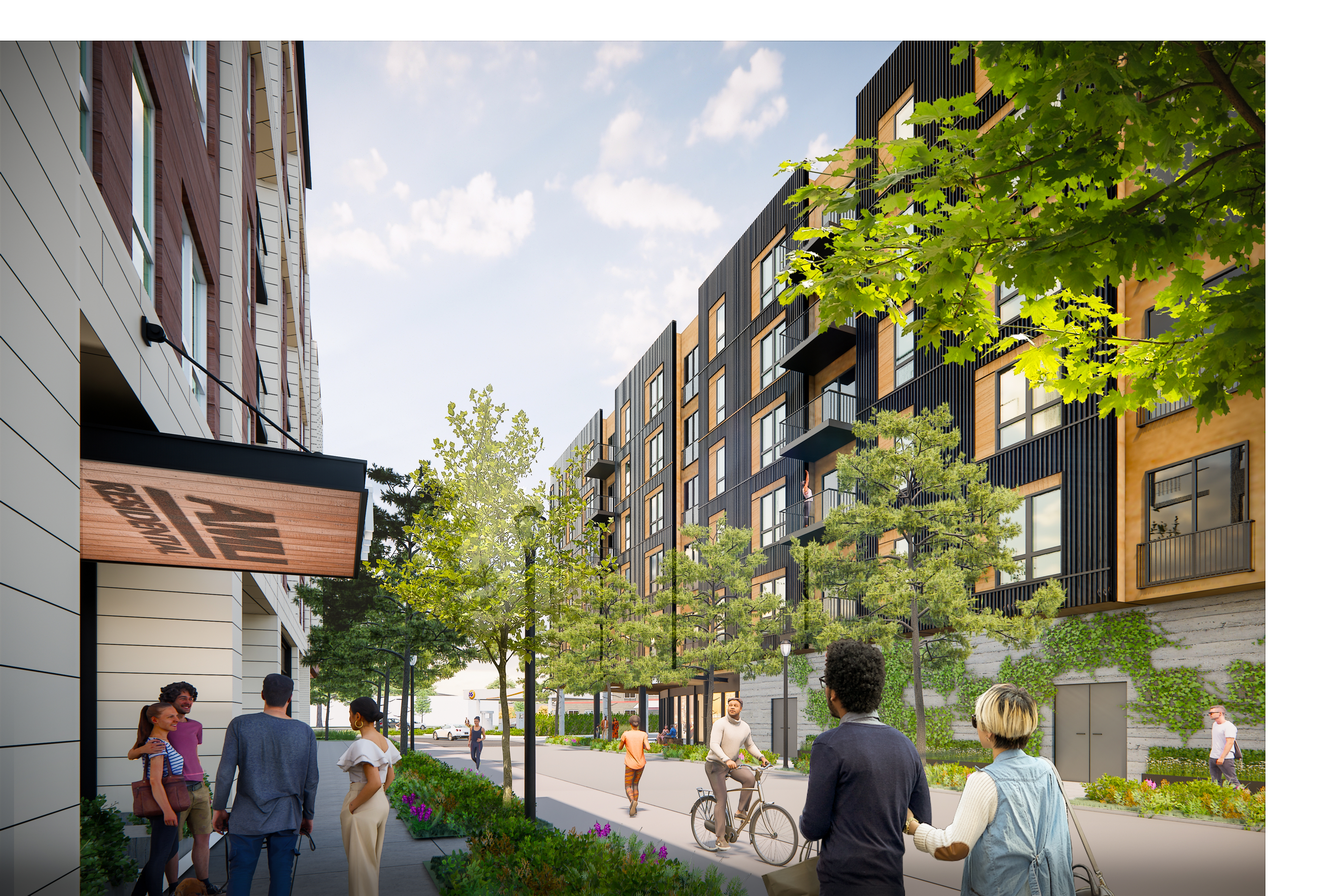 Exterior view of AMLI Redmond Way apartments with multi-story buildings, balconies, trees, and people walking along landscaped path