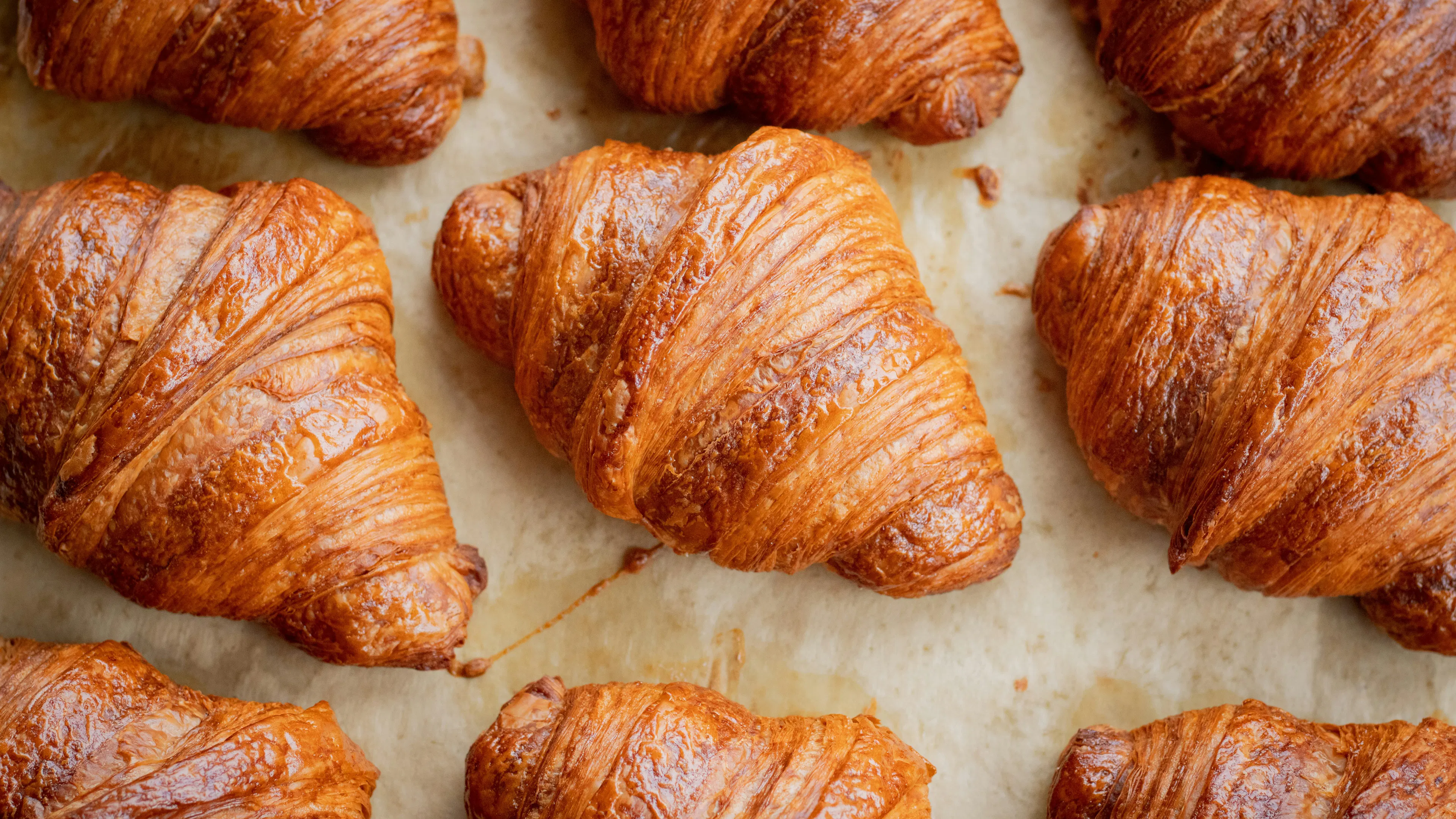 A top-down, close-up view of several freshly baked croissants arranged on a piece of parchment paper. The pastries have a rich, golden-brown crust with visible flaky layers.