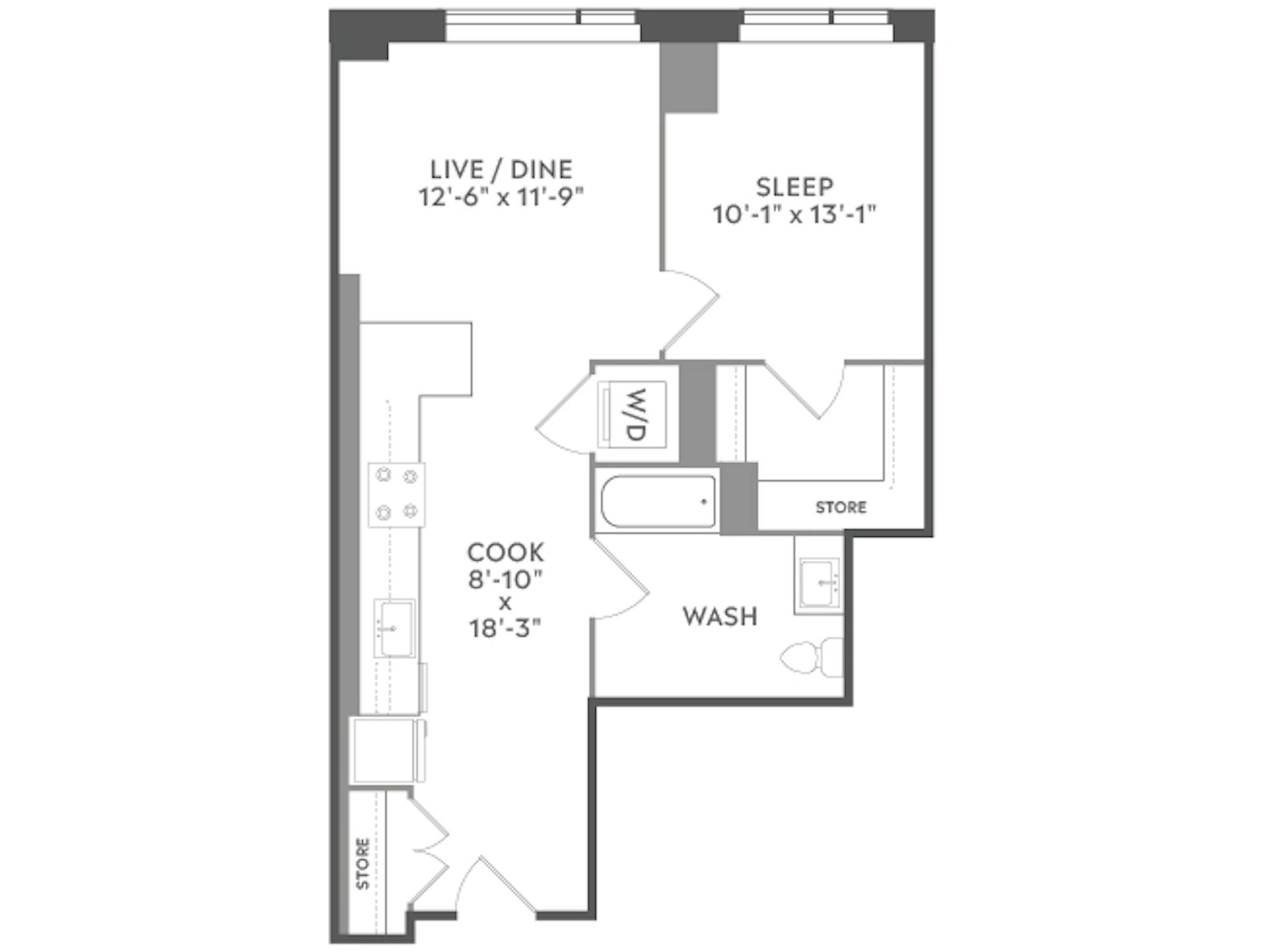 A3b floor plan, 1 Bedroom, 1 Bathroom at AMLI West Loop apartments