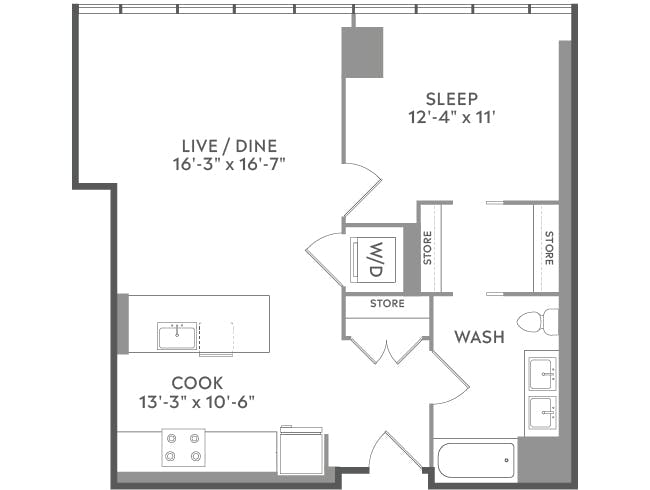 A3h floor plan, 1 Bedroom, 1 Bathroom at AMLI West Loop apartments