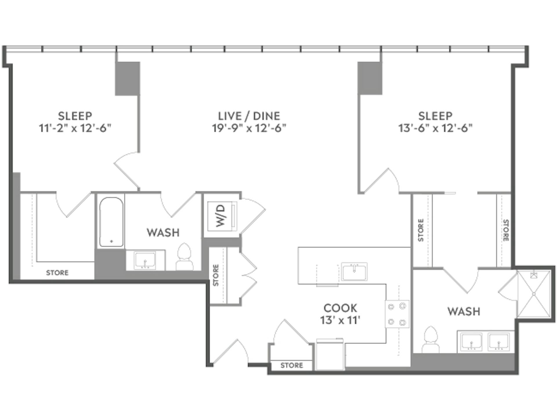 C6a floor plan, 2 Bedroom, 2 Bathroom at AMLI West Loop apartments