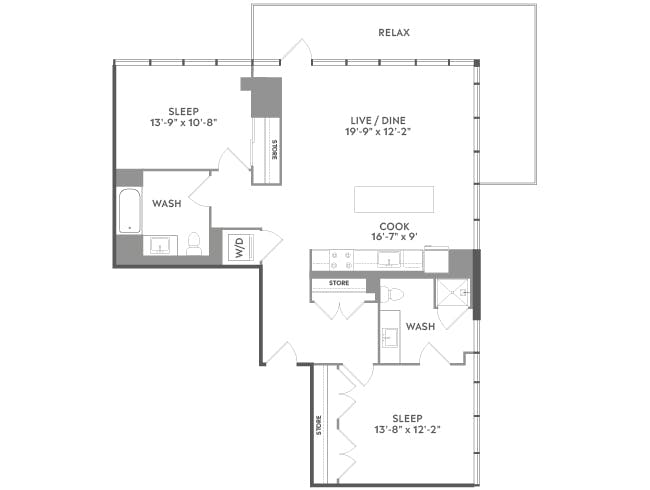 C6b floor plan, 2 Bedroom, 2 Bathroom at AMLI West Loop apartments
