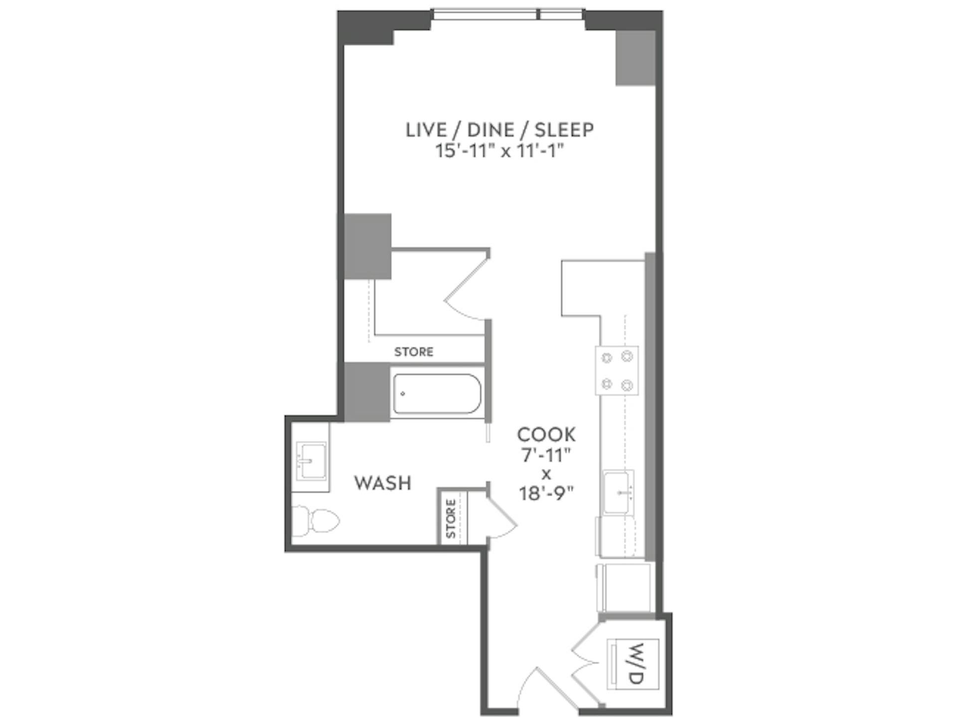 E1 floor plan, Studio, 1 Bathroom at AMLI West Loop apartments