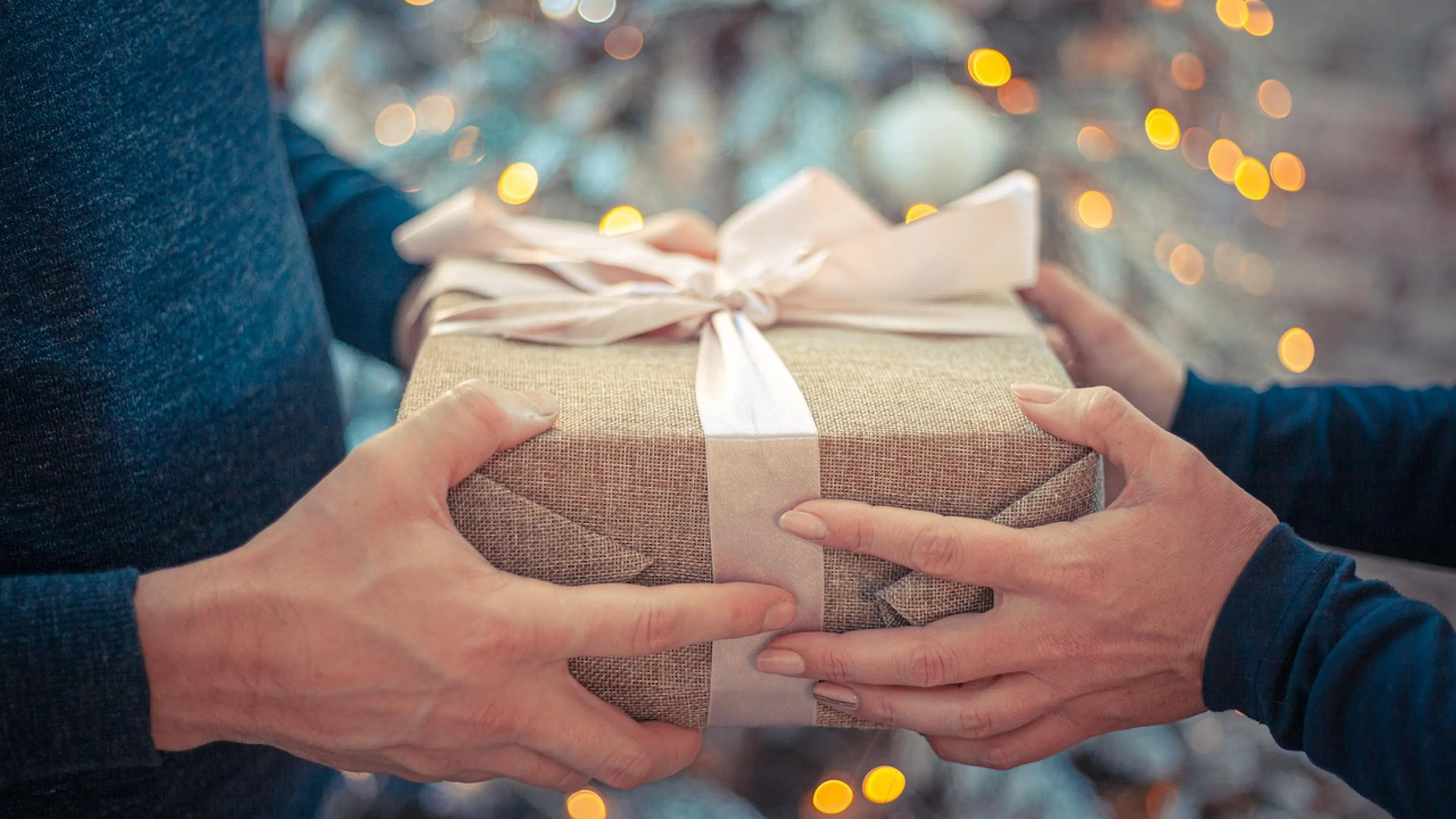pair of hands holding a wrapped package in front of christmas tree