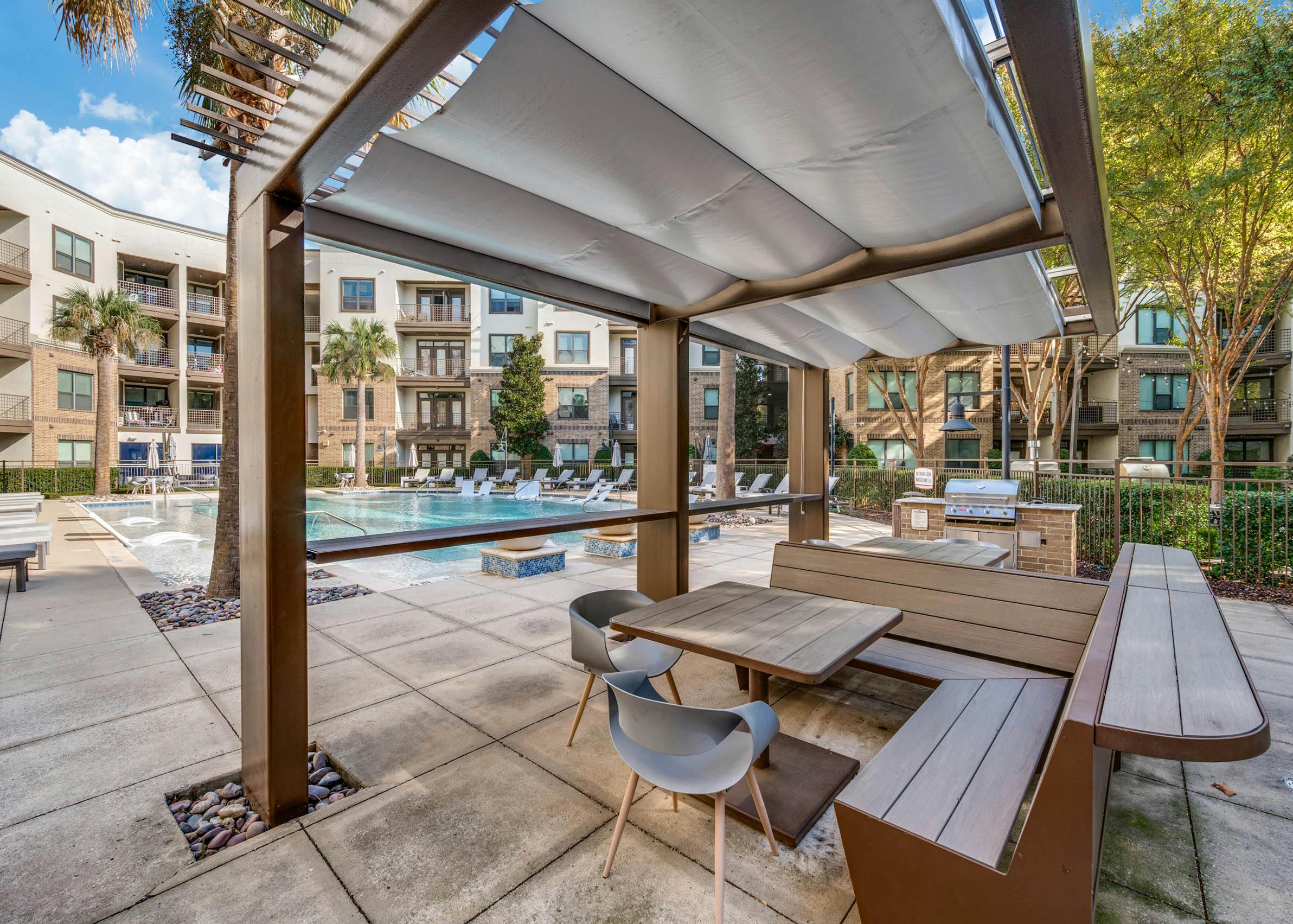 Poolside view at AMLI at the Ballpark apartments with lounge chairs, umbrellas, and landscaped trees surrounding clear blue water.