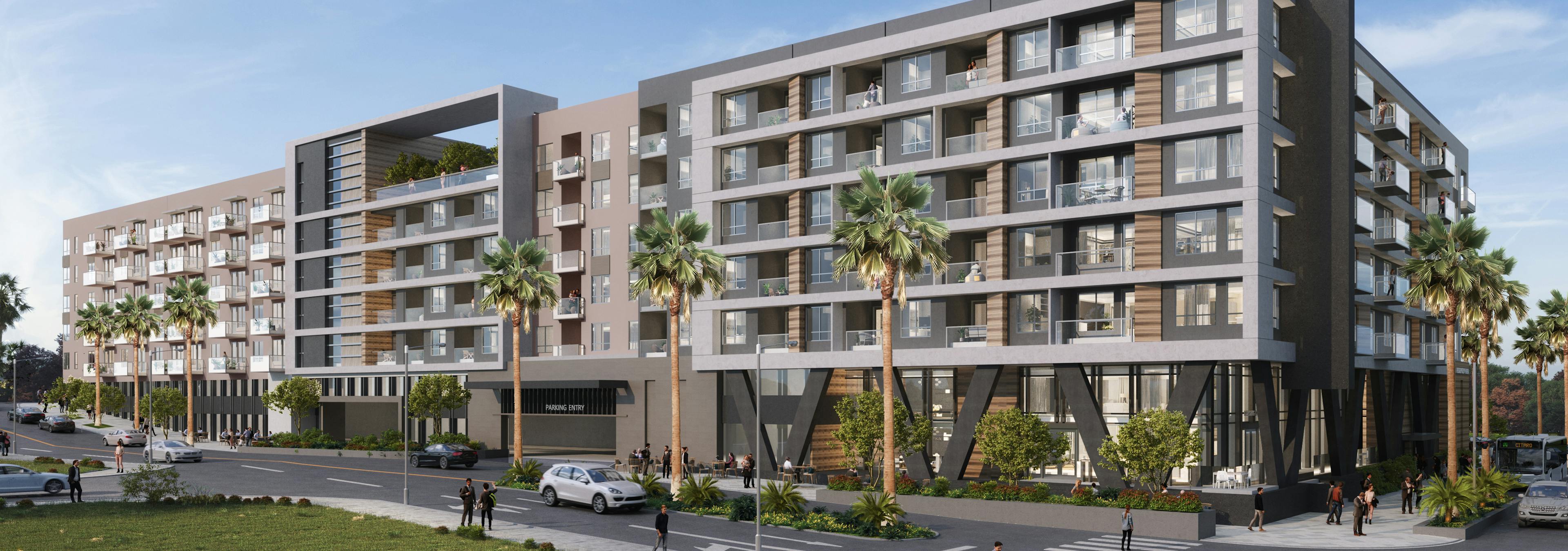 Daytime rendering of AMLI Brea building exterior with cars driving and people walking on a sunny day.