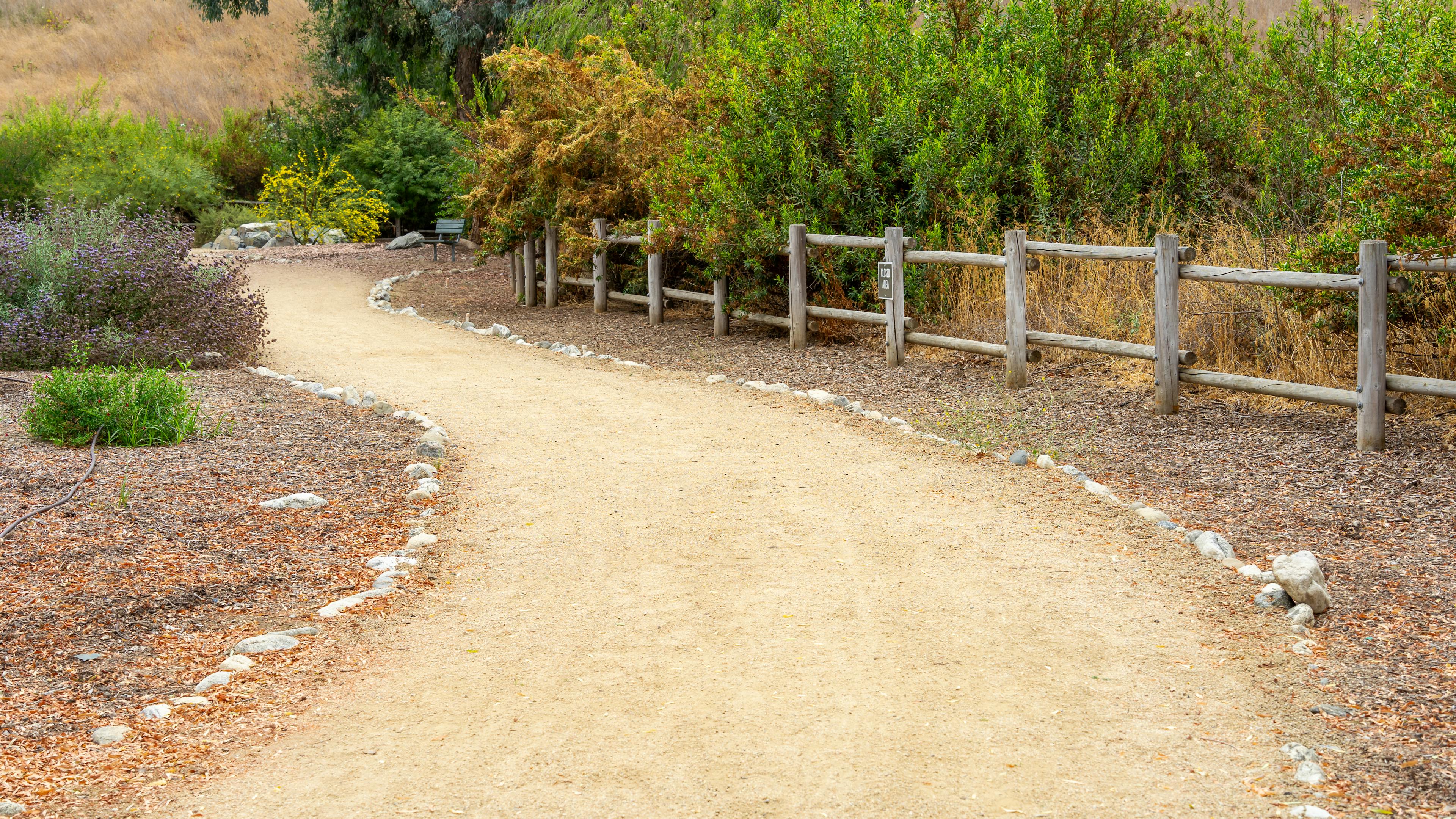 A winding dirt hiking trail lined with small white rocks and a wooden fence leading through lush green bushes and trees