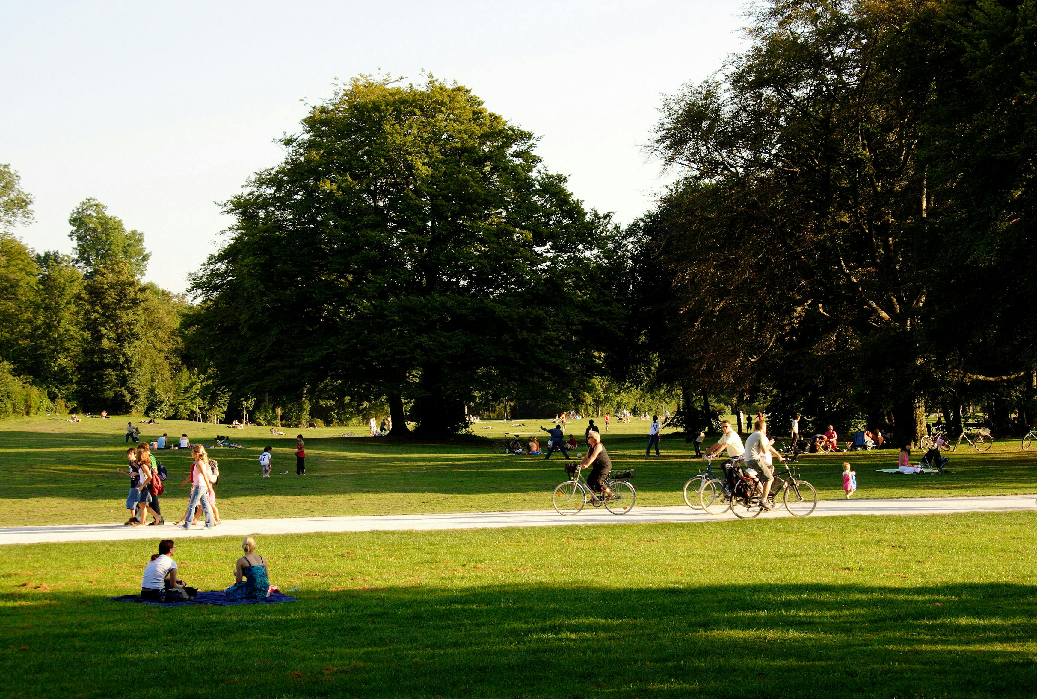 A wide view of a sun-drenched green park during the golden hour. People are scattered across the lawn, some sitting on blankets, others walking, and several cyclists riding along a paved path that cuts through the grass.