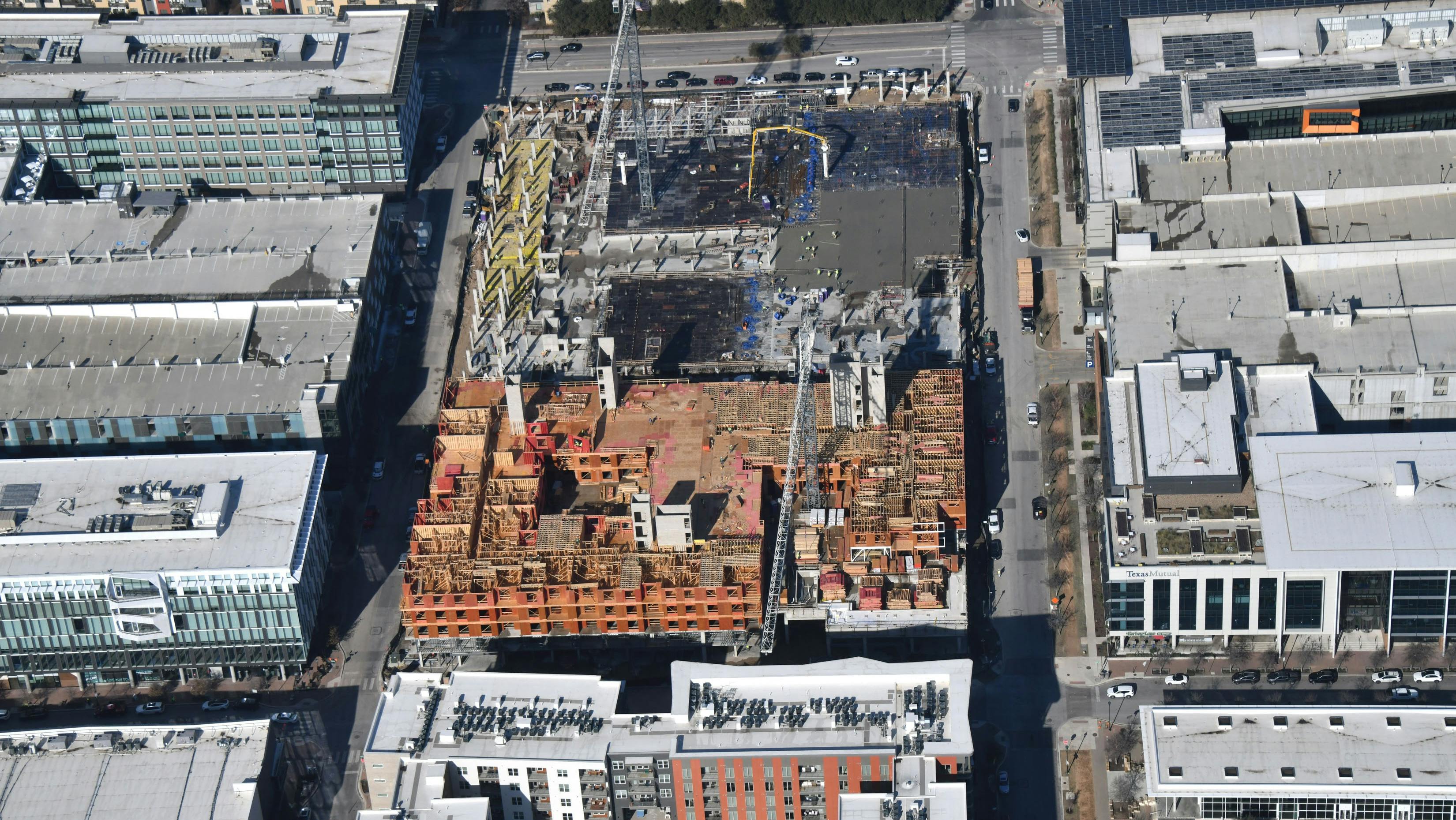 Aerial view of AMLI Park Central apartments construction site with the east framing being built