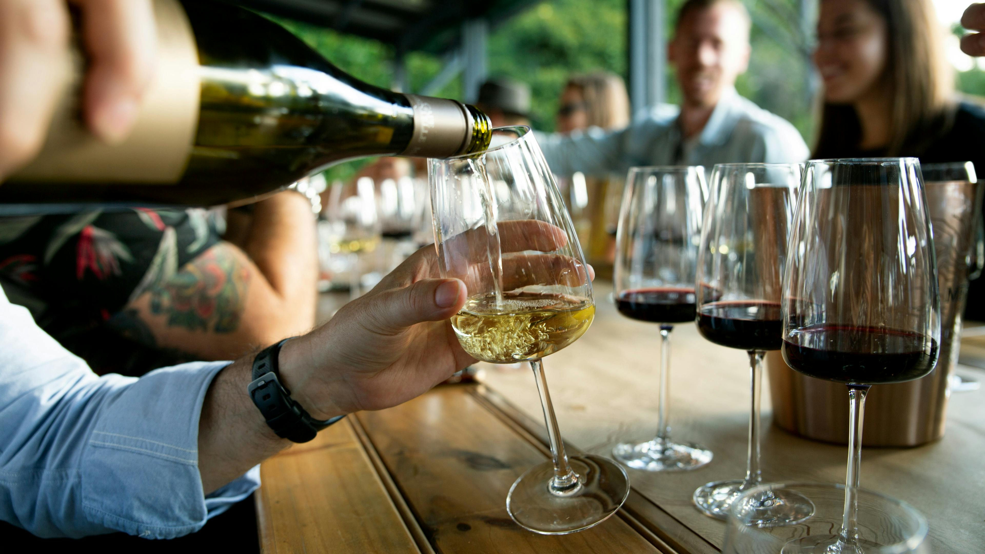 A first-person perspective of white wine being poured into a glass at an outdoor tasting table. In the background, other guests sit along a wooden table with several glasses of red wine already poured, surrounded by lush green foliage.