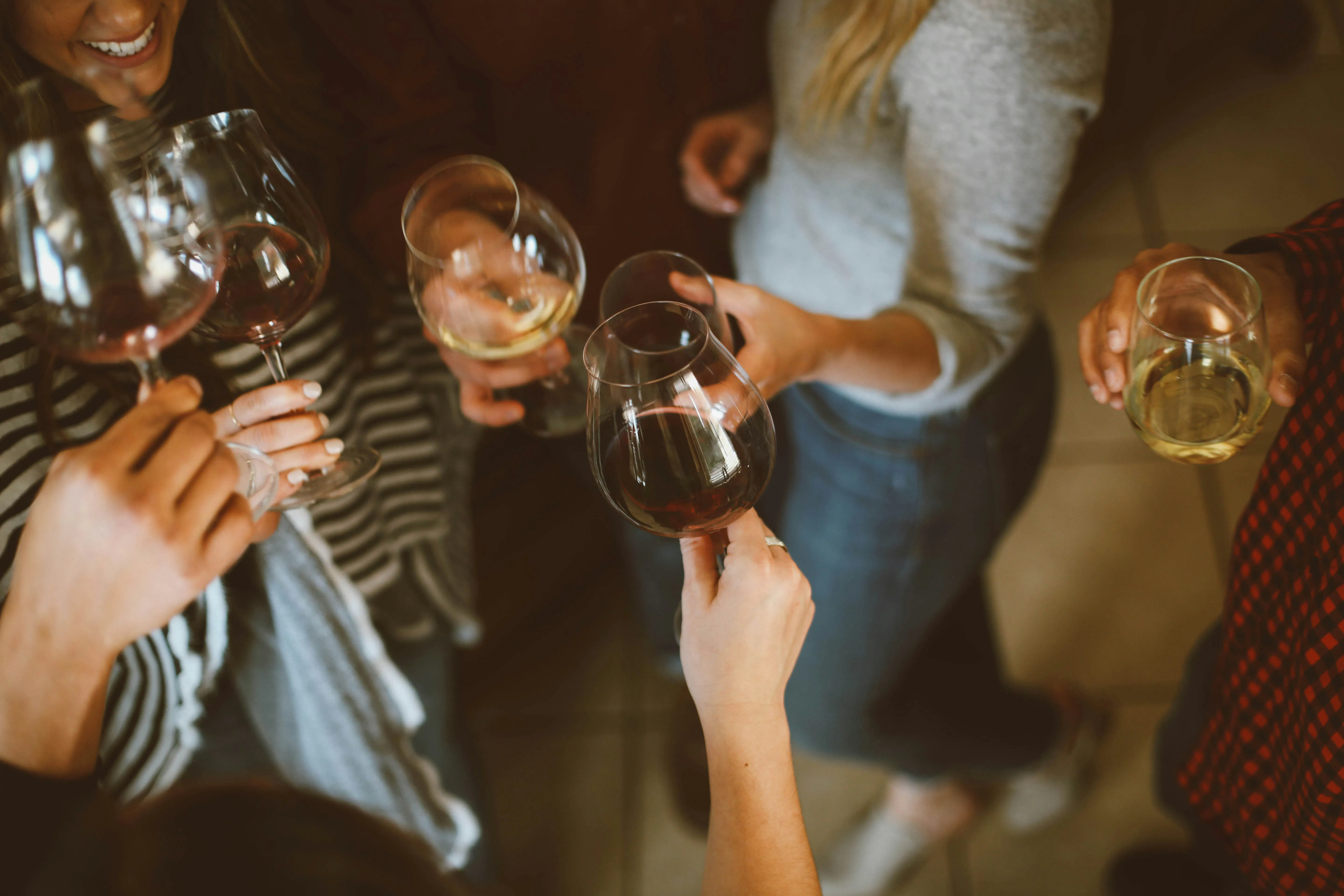 An overhead view of a group of friends standing in a circle, holding a variety of red and white wine glasses close together. They are dressed casually in sweaters and flannels, suggesting a cozy indoor gathering.