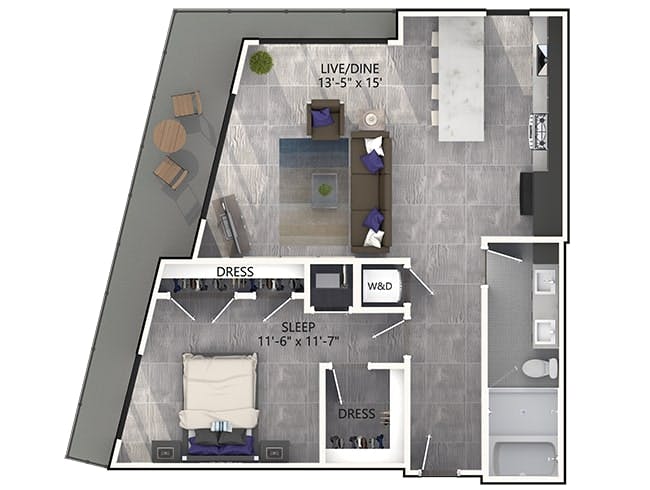 A5P floor plan, 1 Bedroom, 1 Bathroom, Penthouse at AMLI Midtown Miami apartments