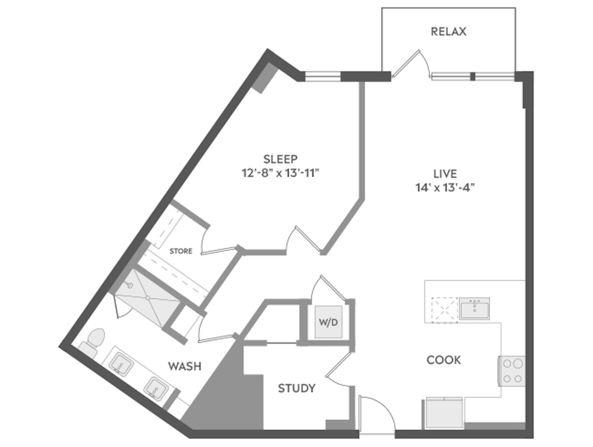 A5D floor plan, 1 Bedroom, 1 Bathroom, and an office at AMLI Golden Triangle apartments
