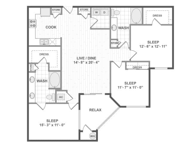 D4 floor plan, 3 Bedroom, 2 Bathroom at AMLI RidgeGate apartments