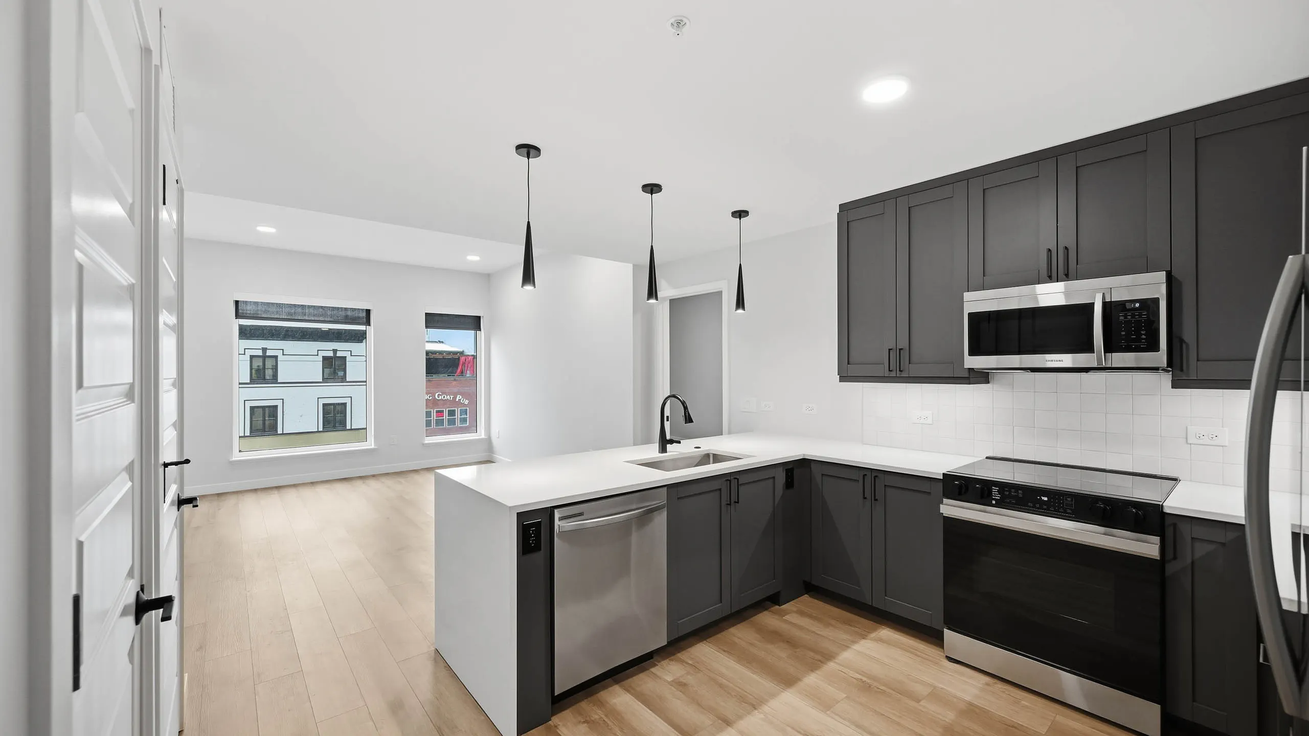 Interior view of kitchen with dark cabinets and stainless appliances at AMLI Golden Triangle apartments with large living room window.