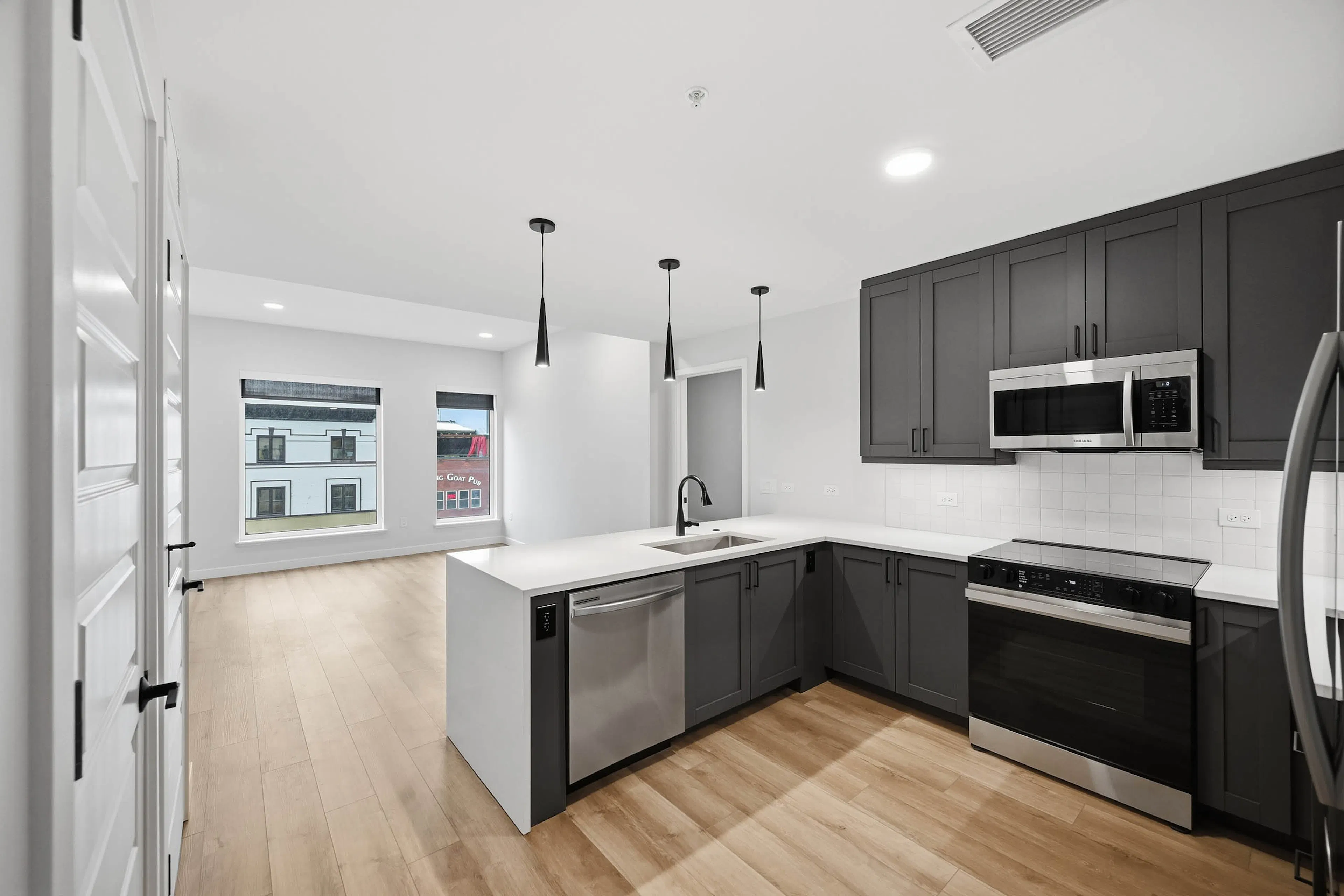 Interior view of kitchen with dark cabinets and stainless appliances at AMLI Golden Triangle apartments with large living room window.