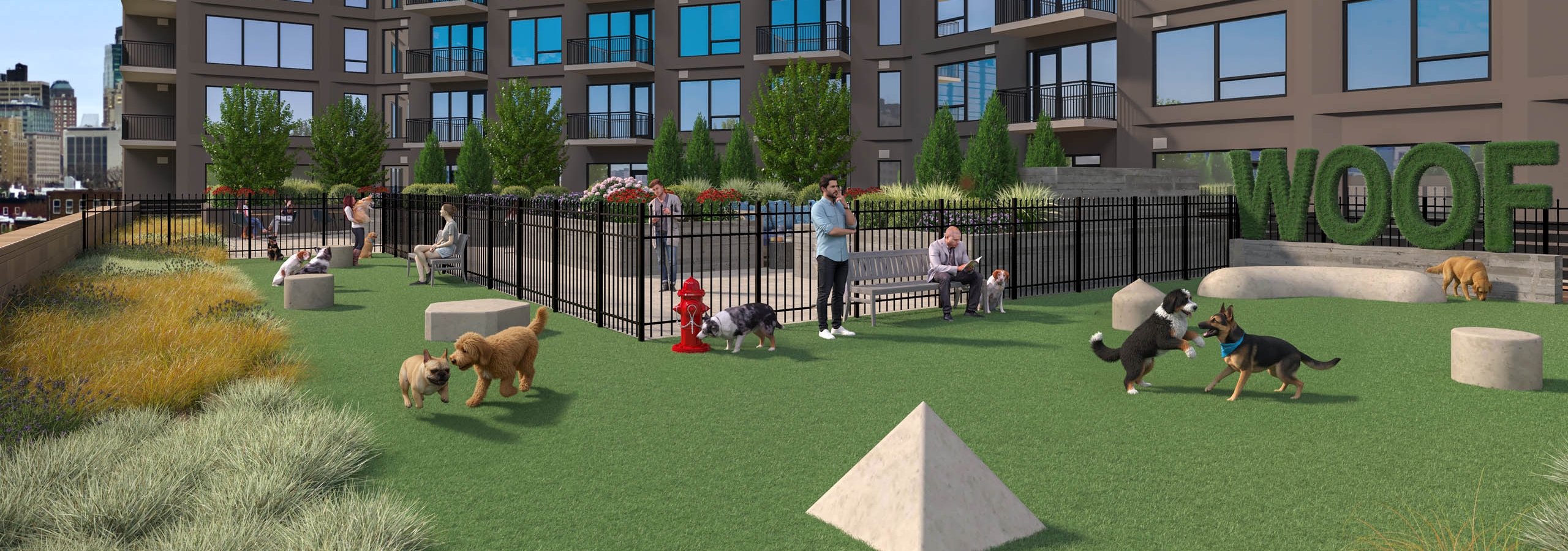 Exterior view of rooftop terrace with outdoor pool and lounge chairs and landscaped plants at AMLI Golden Triangle.