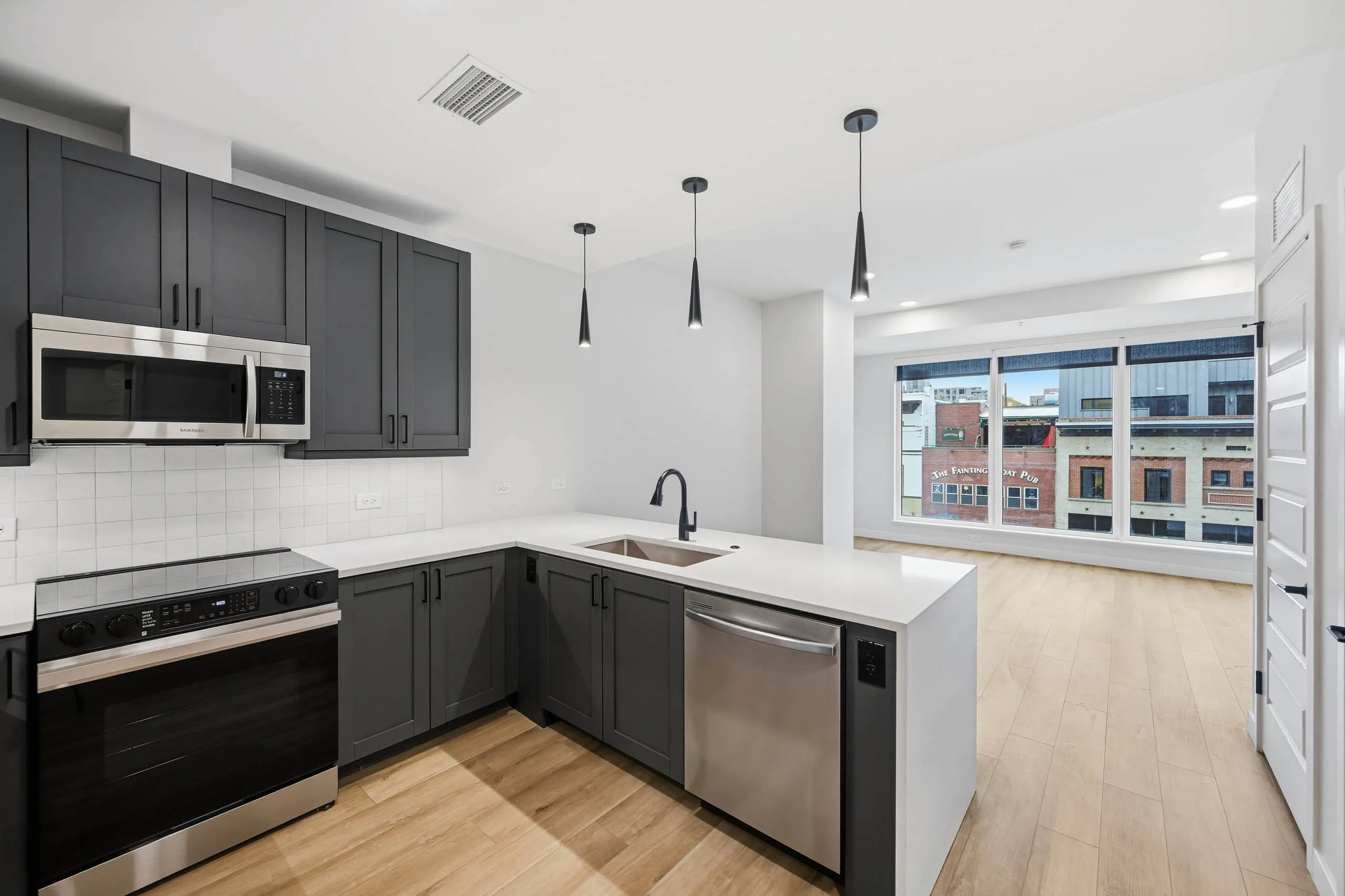 Interior view of kitchen with dark cabinets and stainless appliances at AMLI Golden Triangle apartments with large living room window.