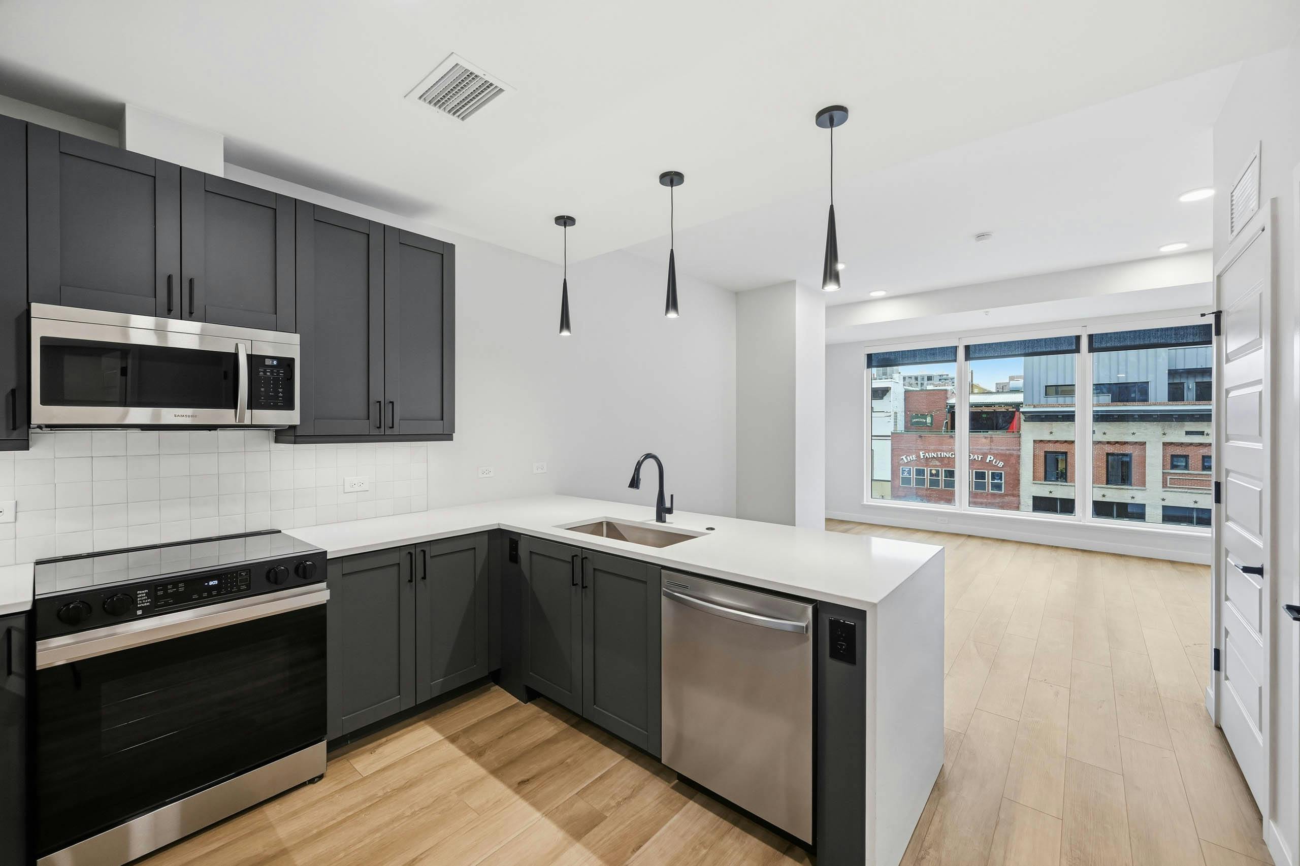 Interior view of kitchen with dark cabinets and stainless appliances at AMLI Golden Triangle apartments with large living room window.