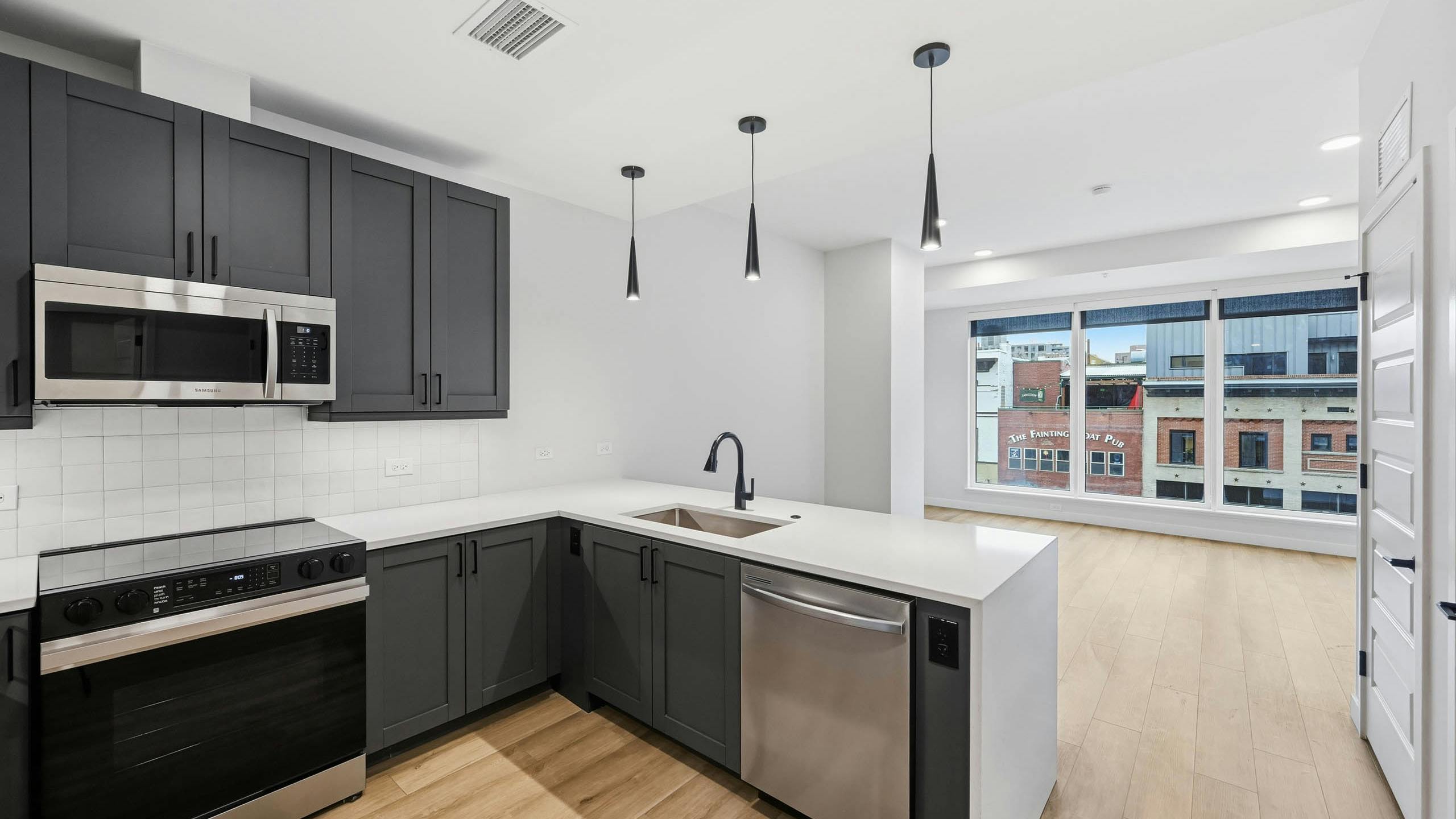 Interior view of kitchen with dark cabinets and stainless appliances at AMLI Golden Triangle apartments with large living room window.