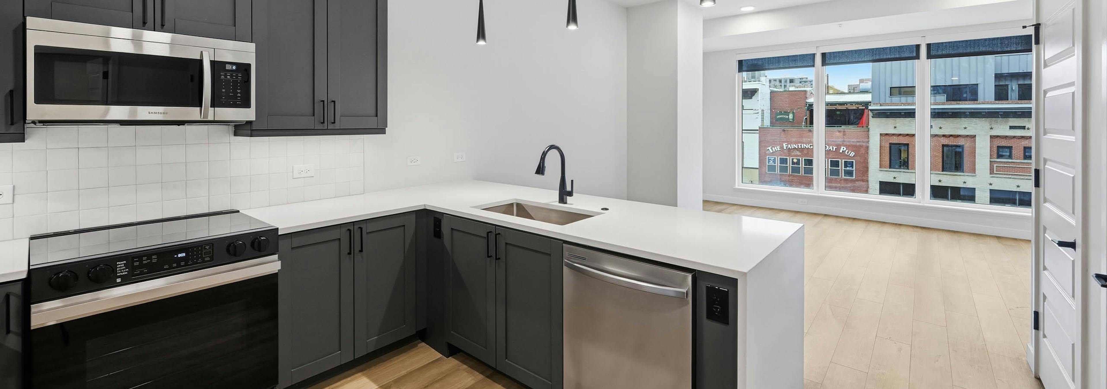 Interior view of kitchen with dark cabinets and stainless appliances at AMLI Golden Triangle apartments with large living room window.