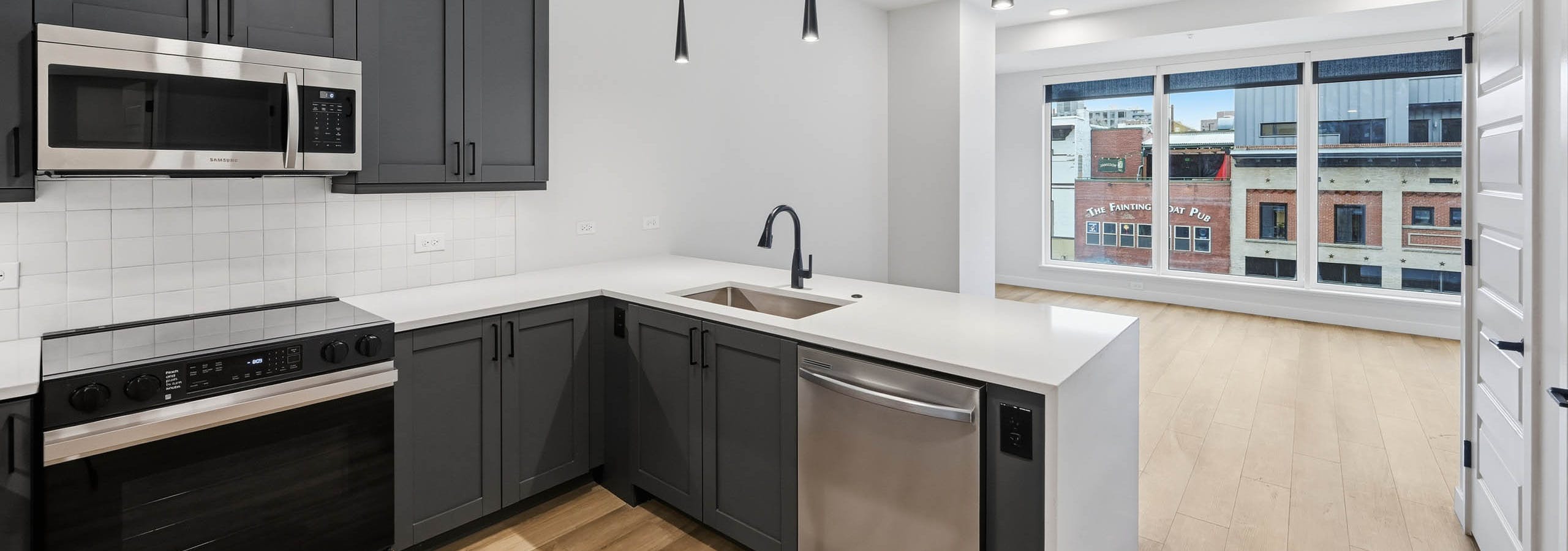 Interior view of kitchen with dark cabinets and stainless appliances at AMLI Golden Triangle apartments with large living room window.
