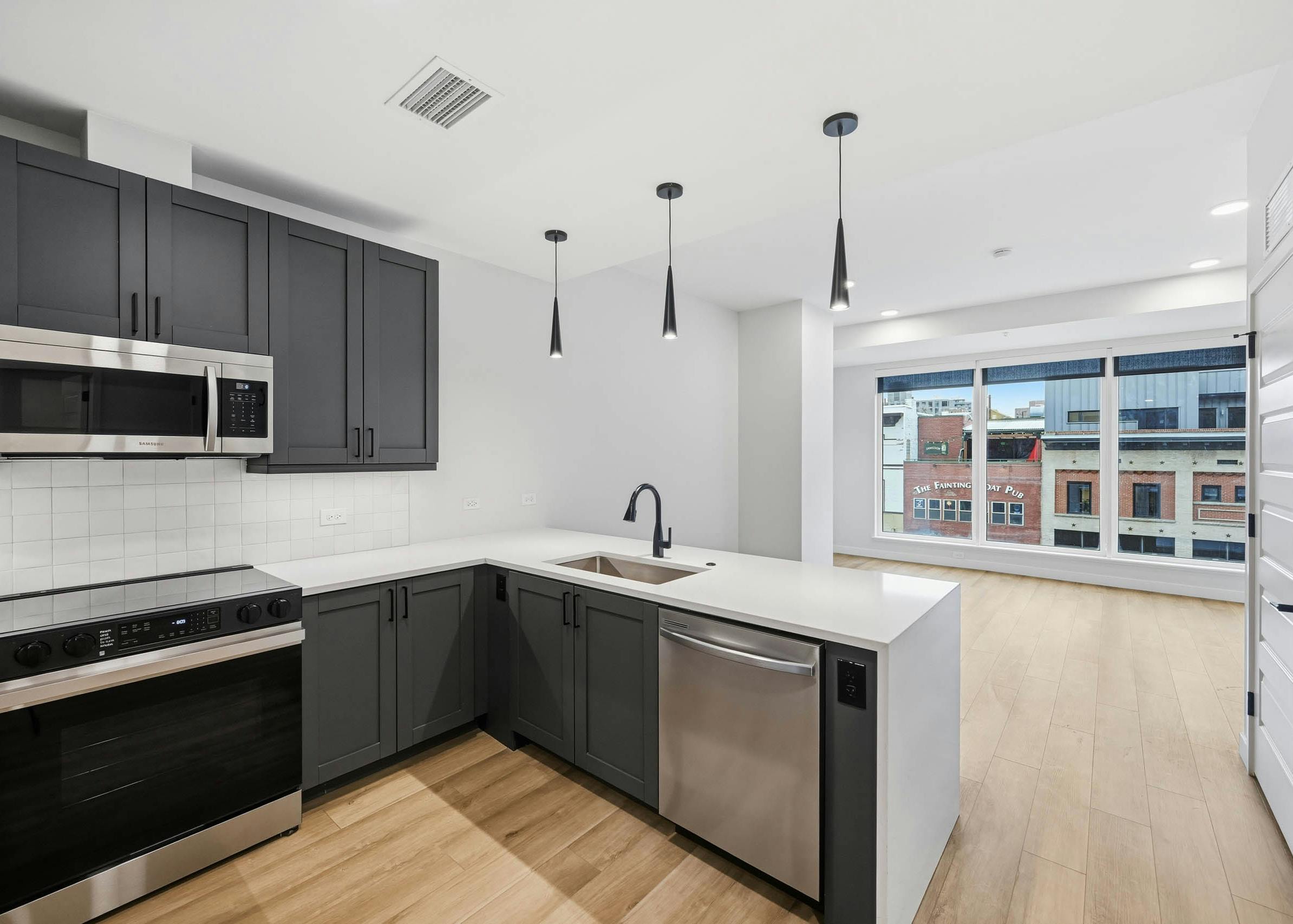 Interior view of kitchen with dark cabinets and stainless appliances at AMLI Golden Triangle apartments with large living room window.