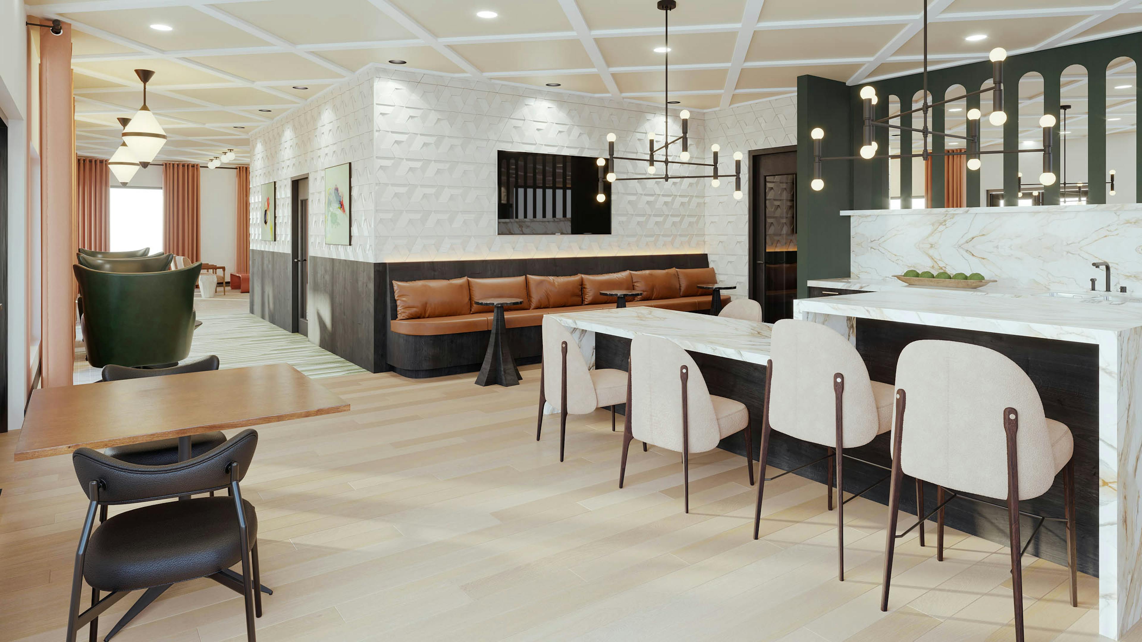 Modern lounge amenity at AMLI Golden Triangle with marble countertops and brown leather bench seating with contemporary light fixtures
