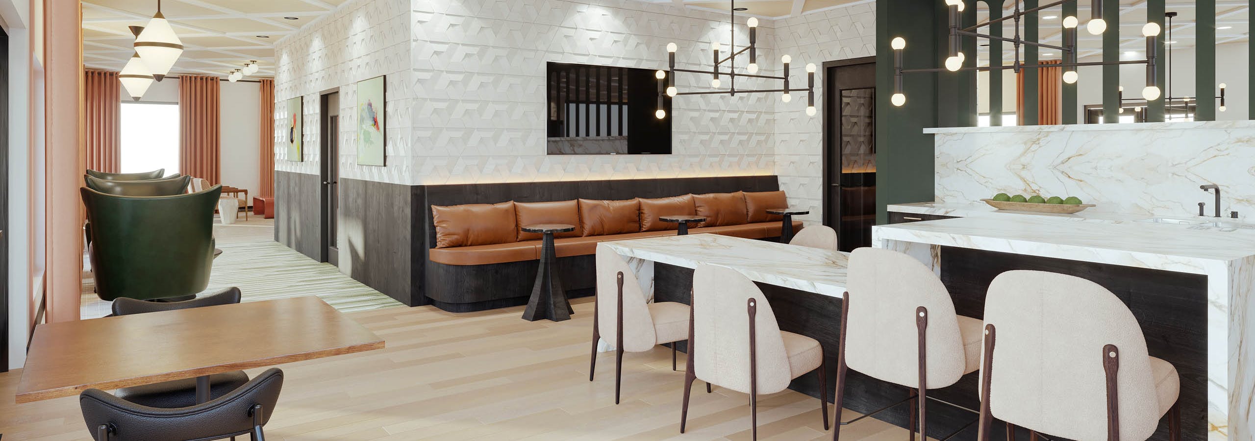 Modern lounge amenity at AMLI Golden Triangle with marble countertops and brown leather bench seating with contemporary light fixtures