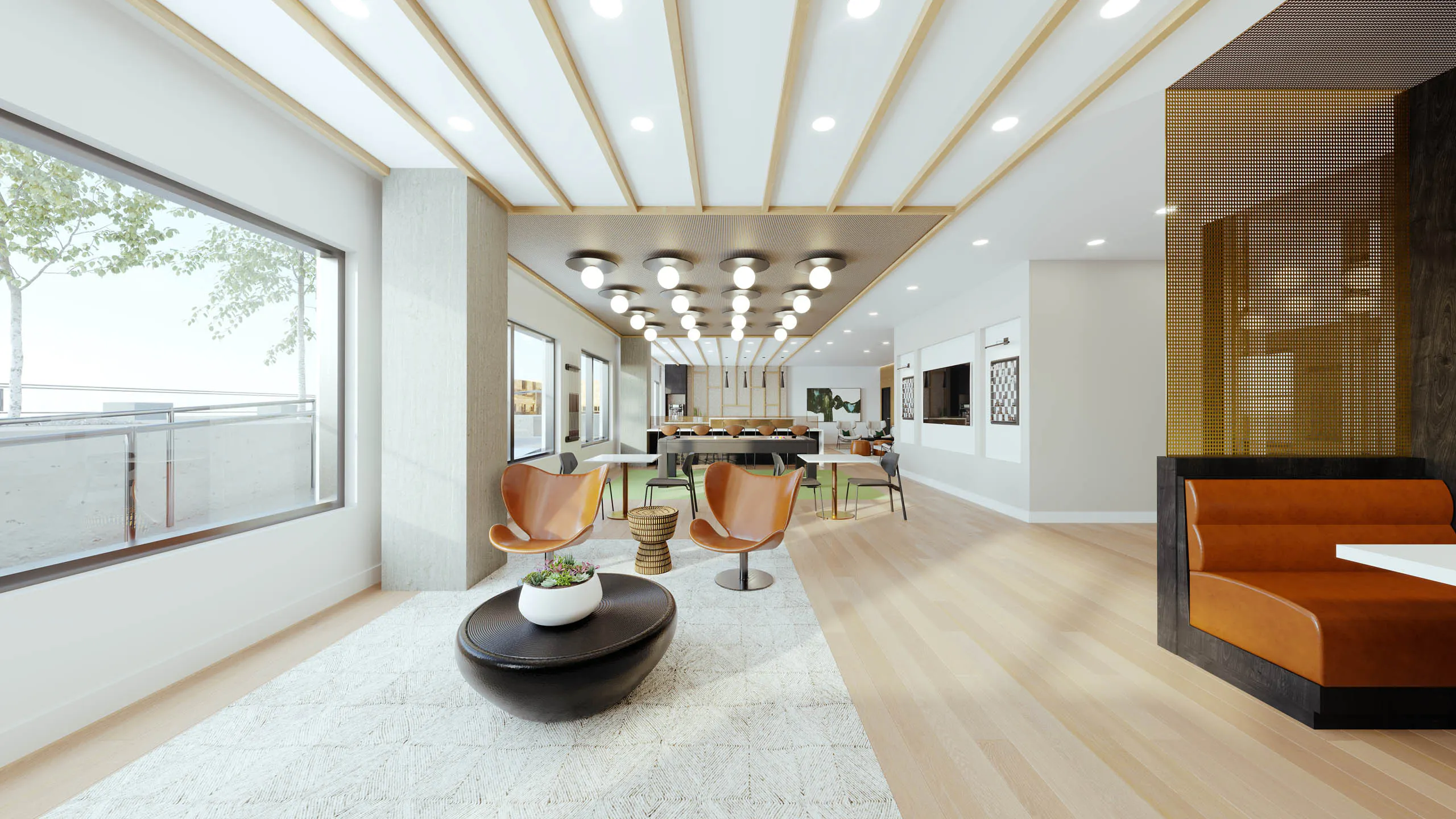 AMLI Golden Triangle rendering interior view of clubroom with modern accents and several seating options with gaming and entertainment spaces.