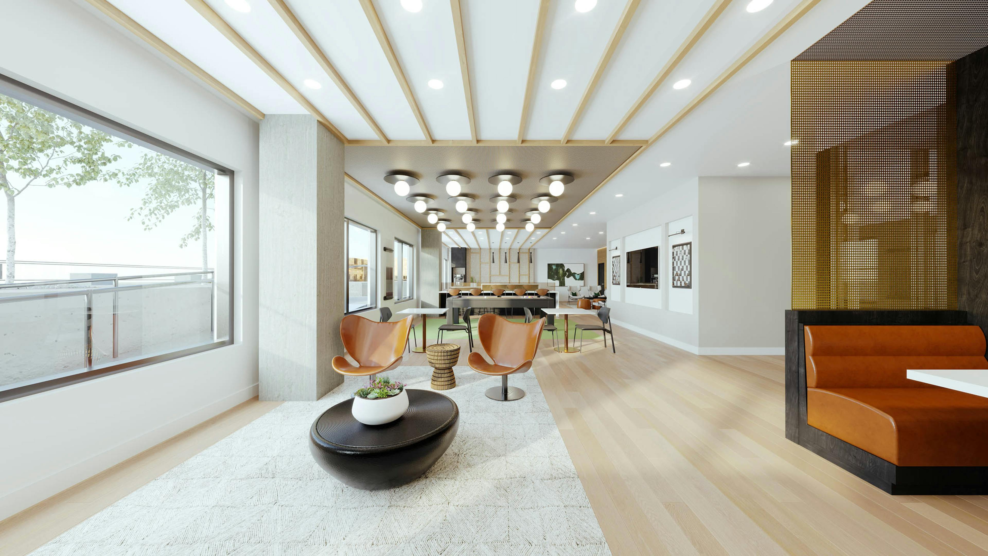 AMLI Golden Triangle rendering interior view of clubroom with modern accents and several seating options with gaming and entertainment spaces.