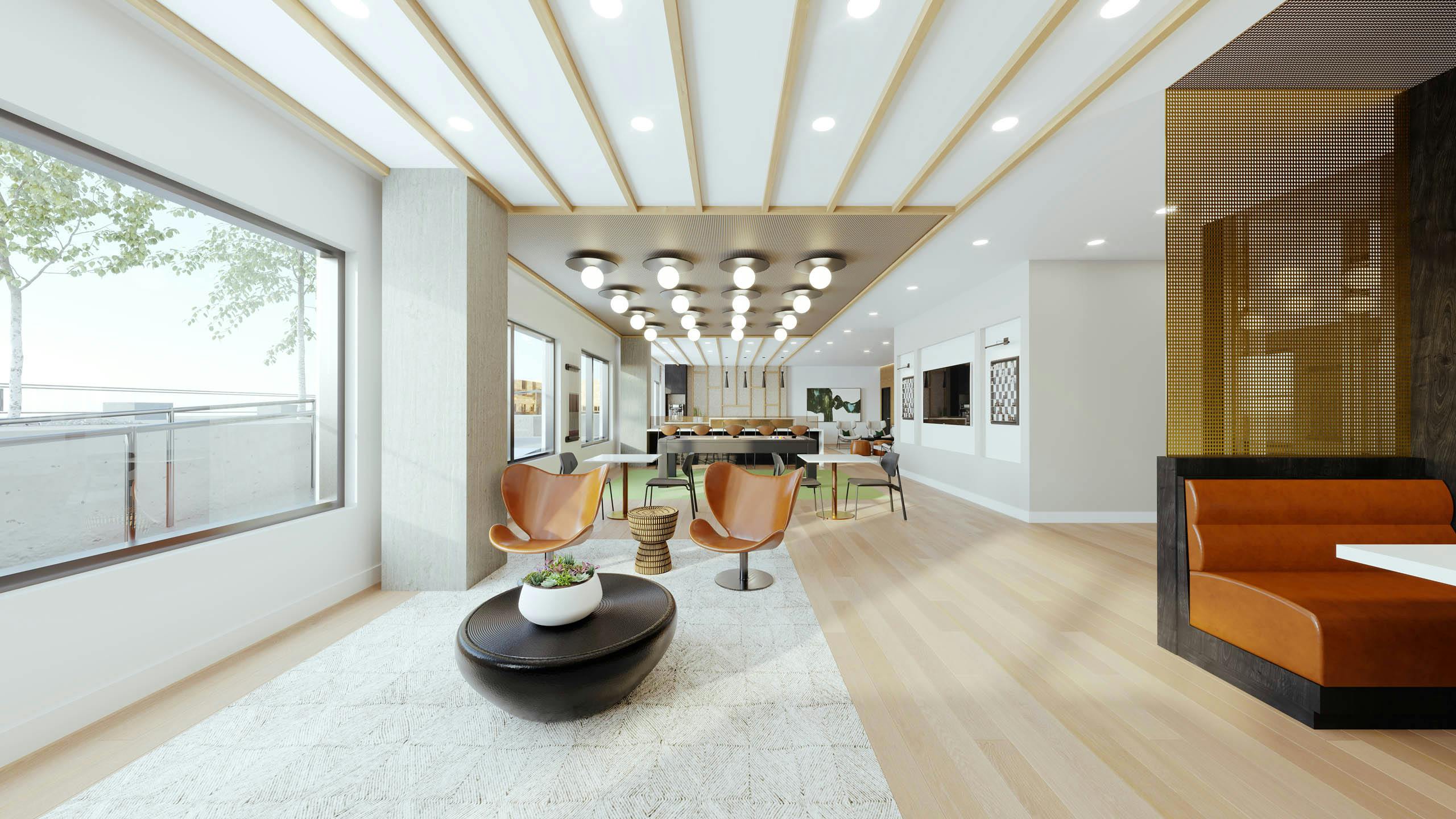 AMLI Golden Triangle rendering interior view of clubroom with modern accents and several seating options with gaming and entertainment spaces.