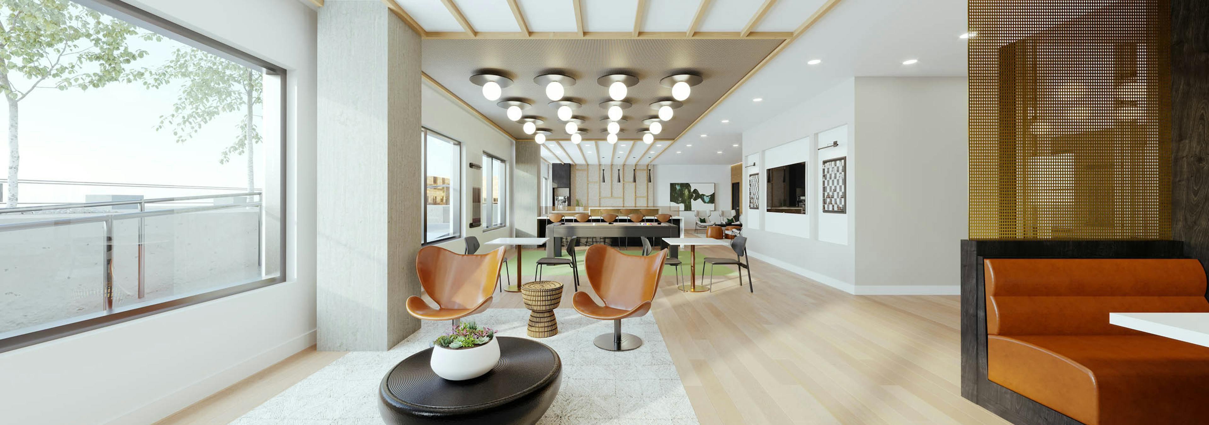 AMLI Golden Triangle rendering interior view of clubroom with modern accents and several seating options with gaming and entertainment spaces.