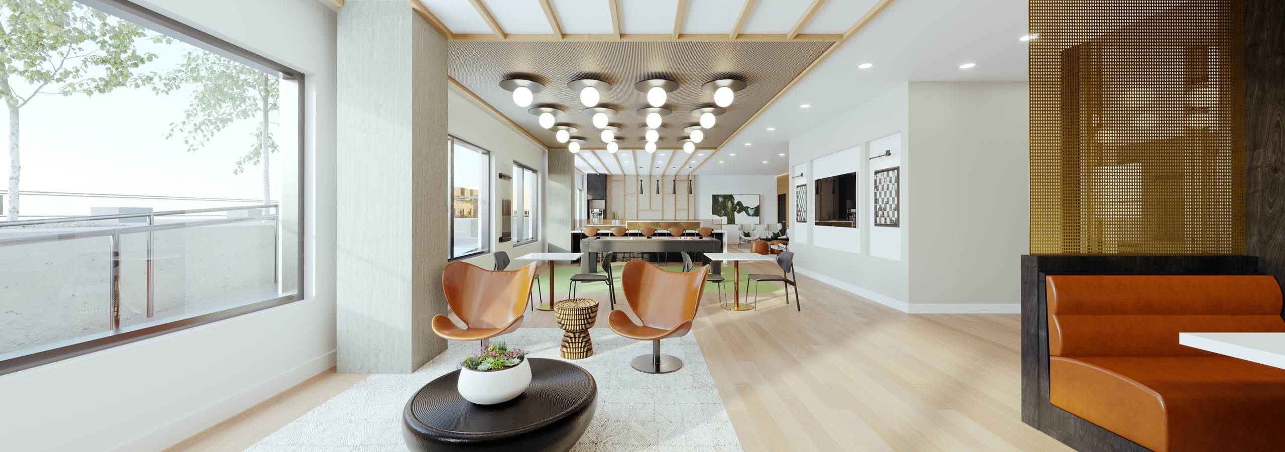 AMLI Golden Triangle rendering interior view of clubroom with modern accents and several seating options with gaming and entertainment spaces.