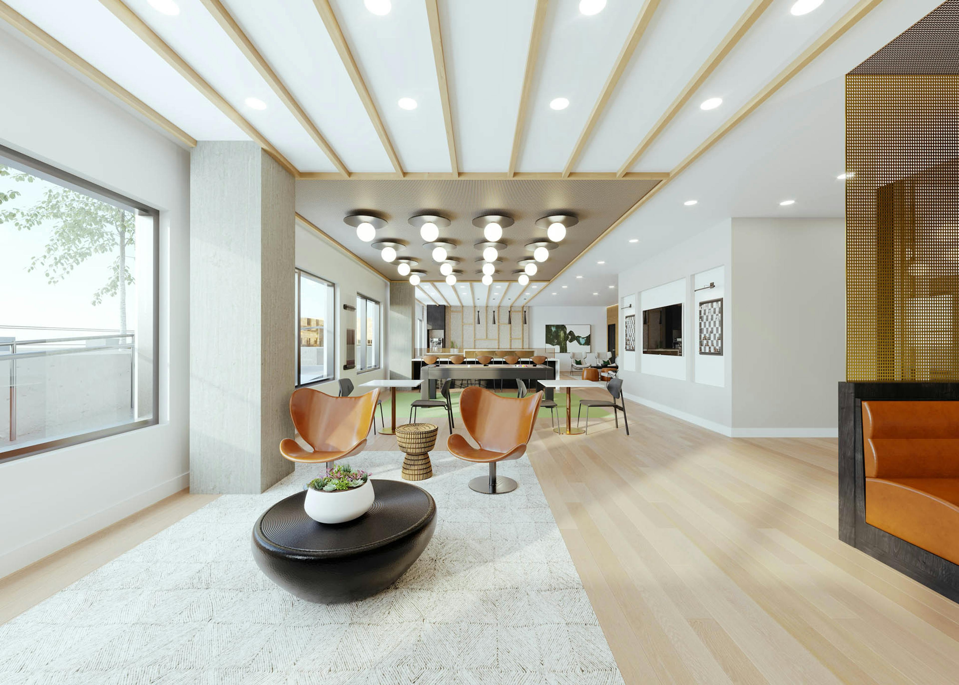 AMLI Golden Triangle rendering interior view of clubroom with modern accents and several seating options with gaming and entertainment spaces.