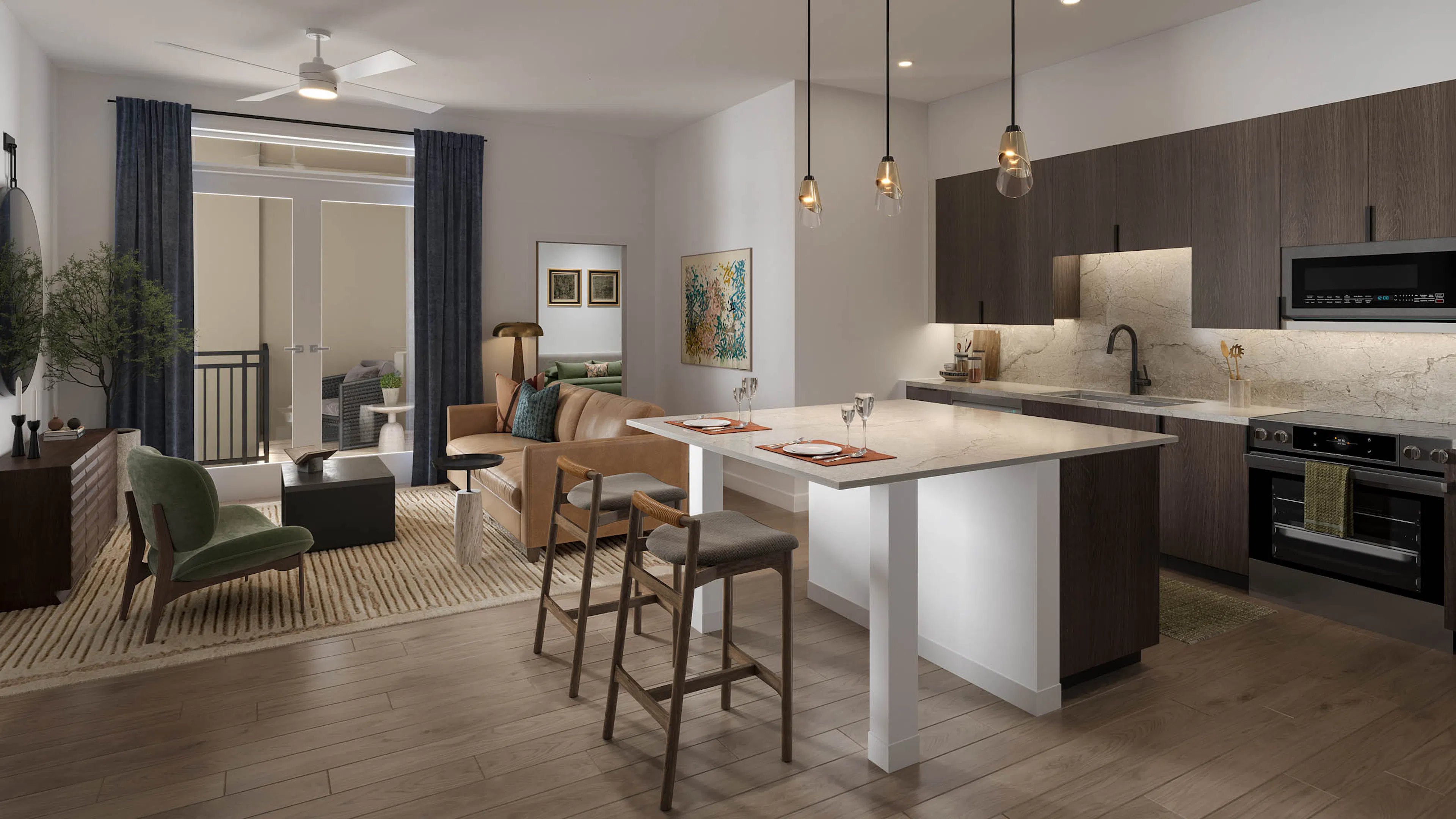 apartment at AMLI Treehouse with kitchen and large island with bar top seating and living room with couch and chair and coffee table