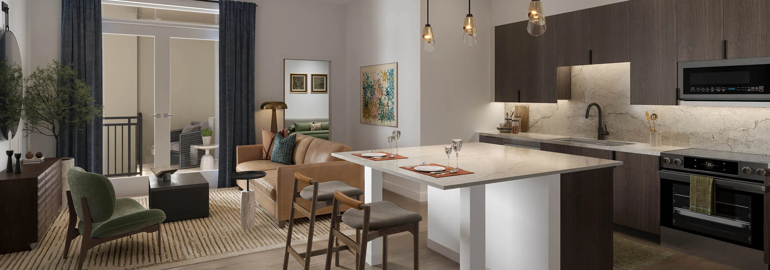 apartment at AMLI Treehouse with kitchen and large island with bar top seating and living room with couch and chair and coffee table