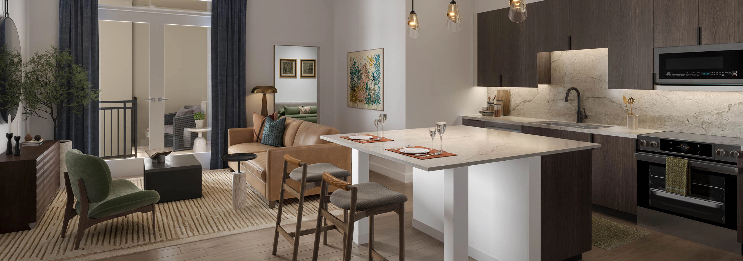 apartment at AMLI Treehouse with kitchen and large island with bar top seating and living room with couch and chair and coffee table