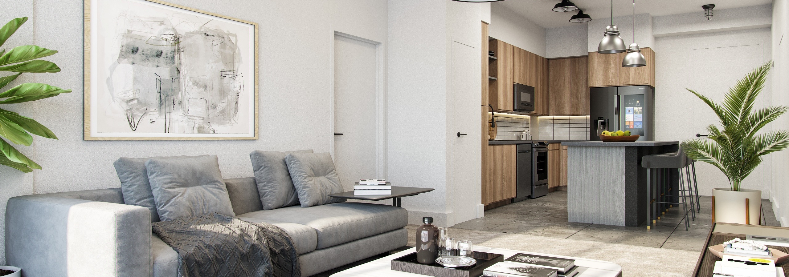 Interior rendering of AMLI Midtown Miami modern living room and island kitchen with light wood cabinets and black appliances