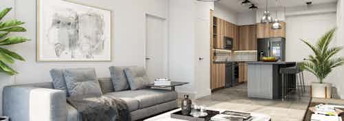 Interior rendering of AMLI Midtown Miami modern living room and island kitchen with light wood cabinets and black appliances