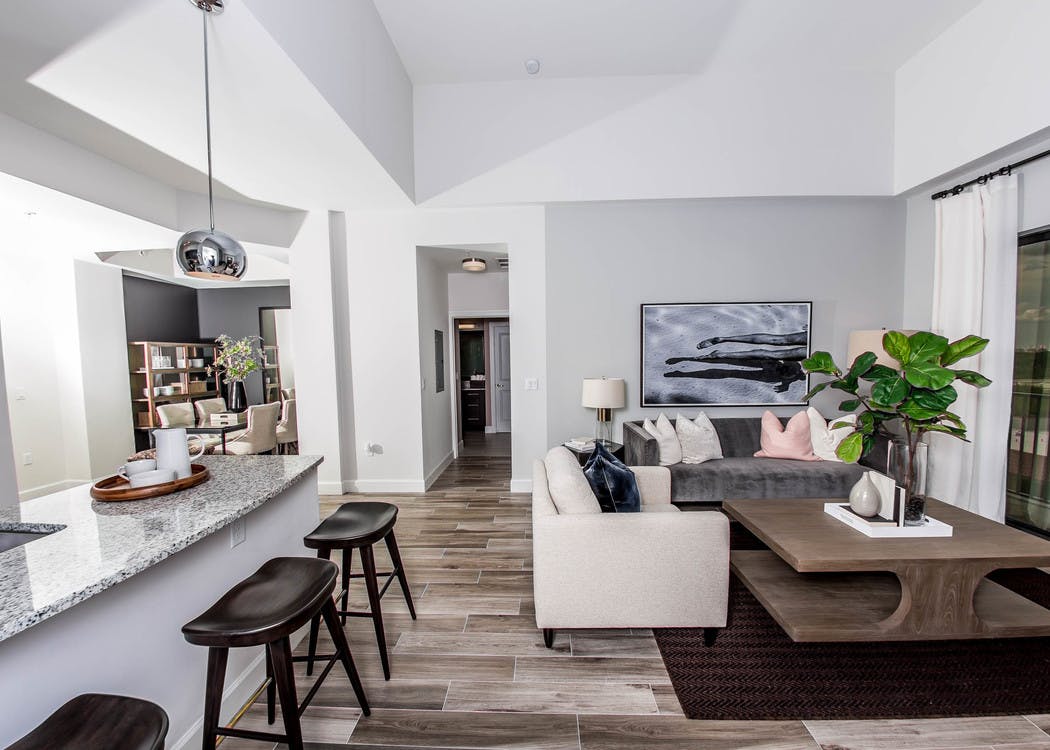 An AMLI Joya apartment contemporary living area and kitchen with stainless steel appliances and dark cabinetry