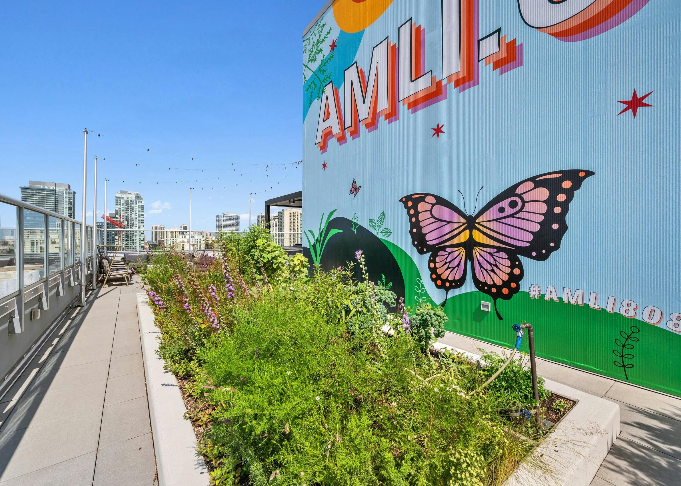 Organic garden beside colorful mural with large butterfly on roof deck of AMLI 808 apartment building