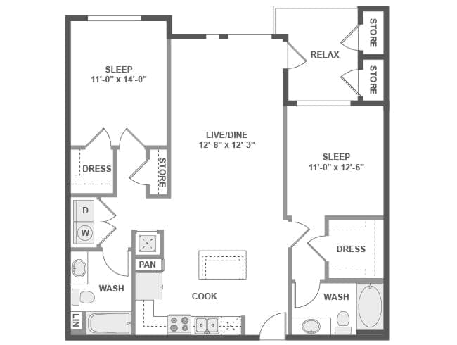C5c floor plan, 2 Bedroom, 2 Bathroom at AMLI Uptown Orange apartments