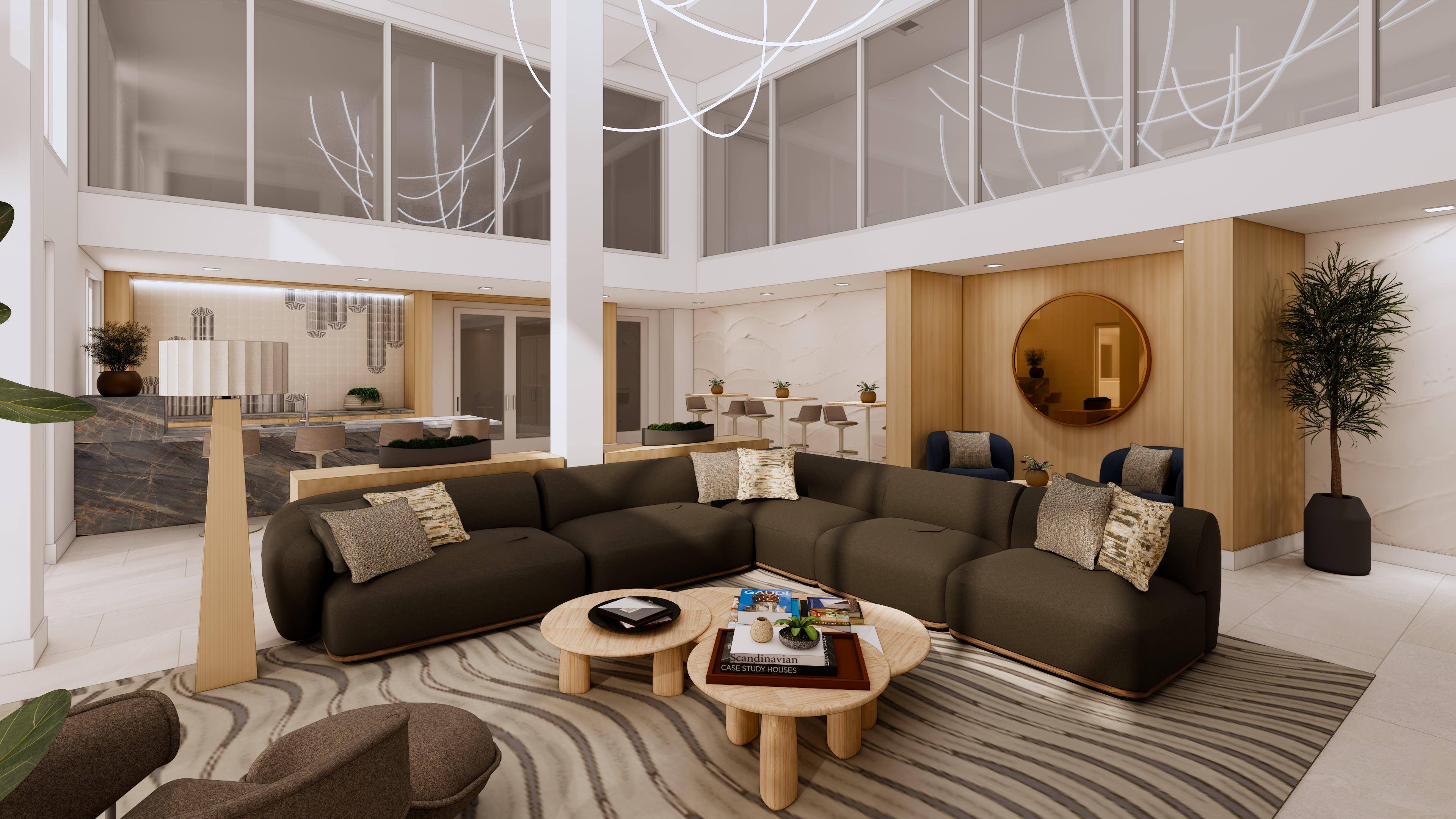 Spacious interior of AMLI Lex on Orange apartments renovated club room with sectional sofa, round tables, patterned rug, and modern decor