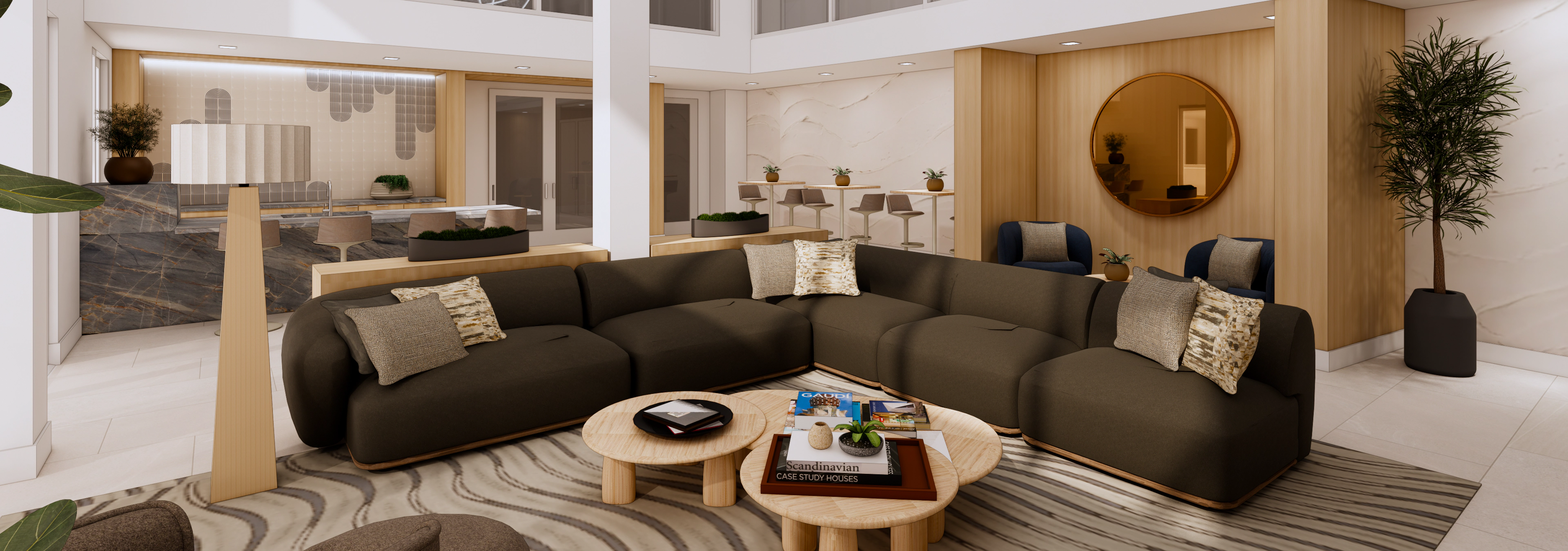 Spacious interior of AMLI Lex on Orange apartments renovated club room with sectional sofa, round tables, patterned rug, and modern decor