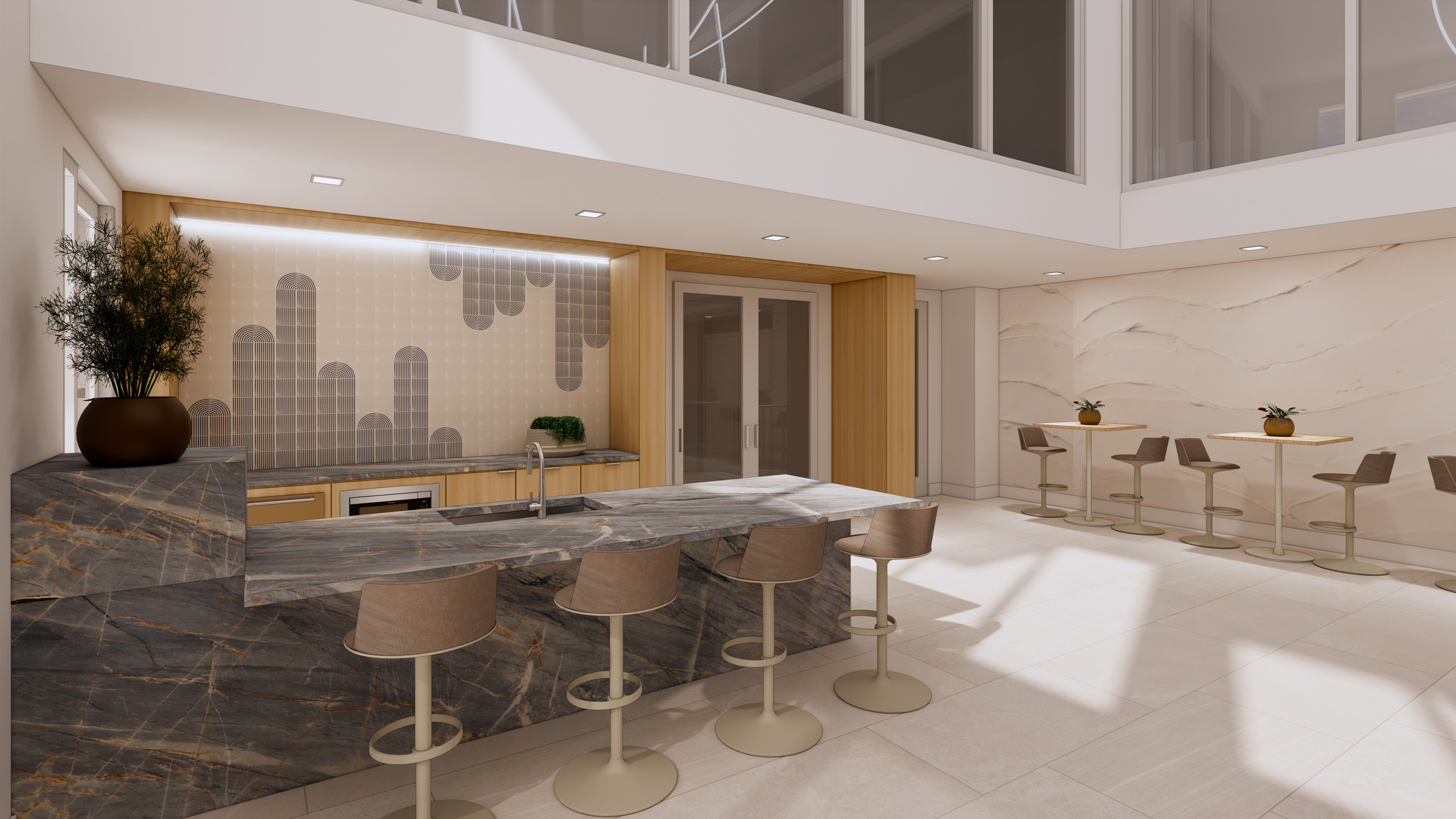 Interior view of renovated club room at AMLI Lex on Orange apartments with marble bar, barstools, tile backsplash, and built in cabinetry